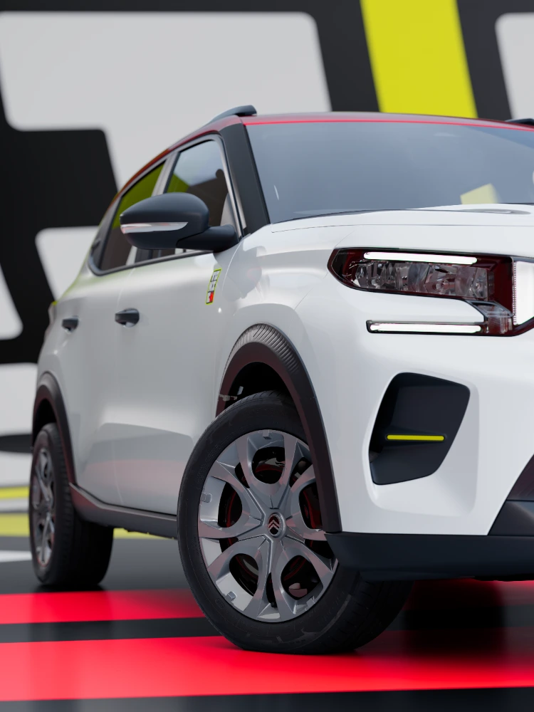 Detail 3/4-aanzicht voorzijde Citroën ë‑C3 TONIC limited edition elektrische stadsauto met velgdesign en beschermende kunststof delen