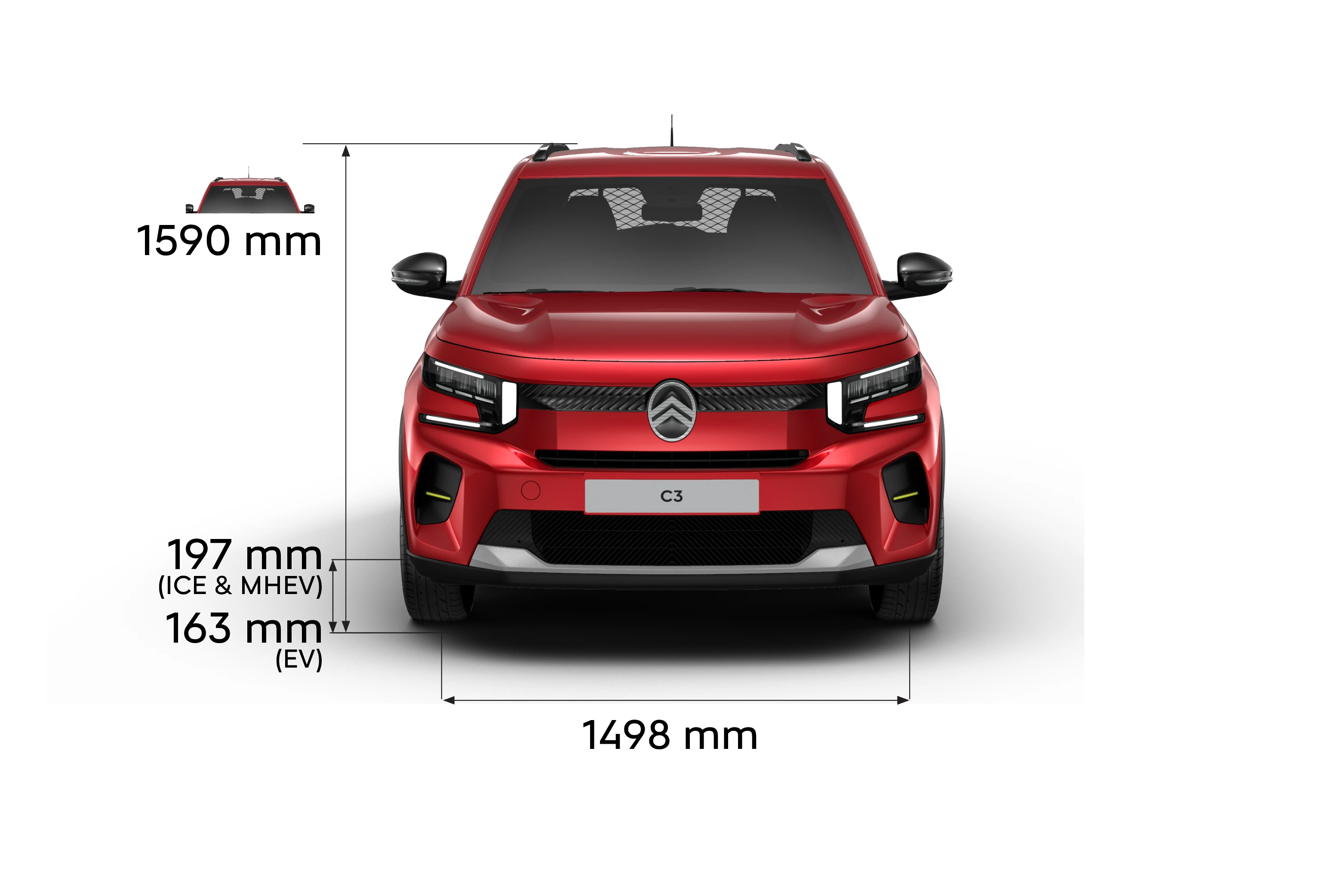 Vooraanzicht van de Citroën ë-C3 Van met afmetingen, waarbij de hoogte, breedte en bodemvrijheid van het voertuig worden benadrukt.