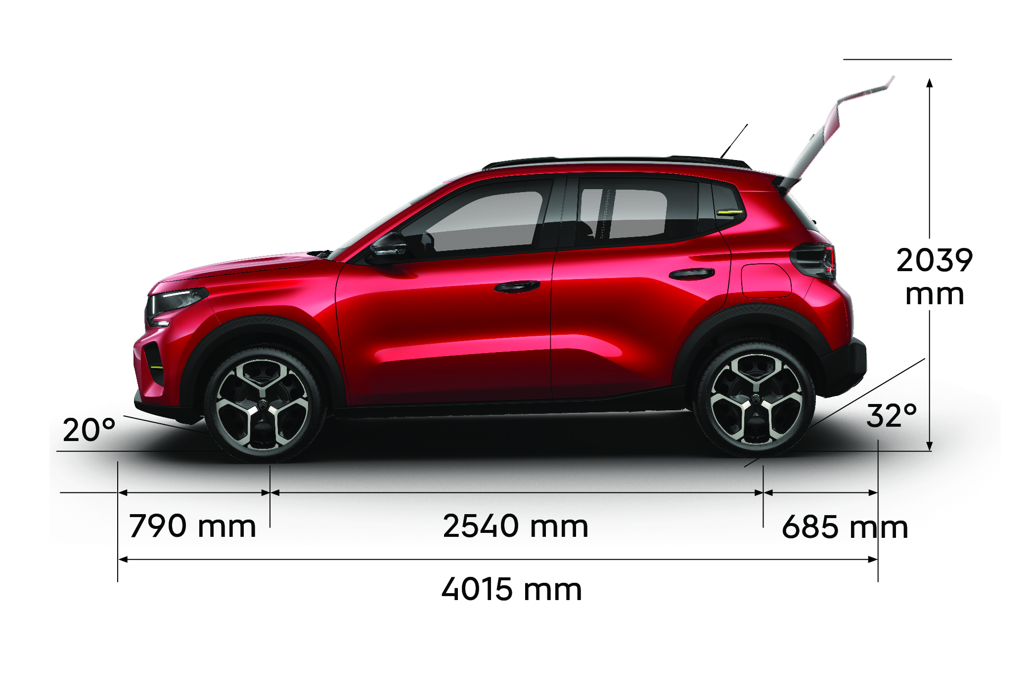 Zijaanzicht van de Citroën ë‑C3 Van met de volledige buitenafmetingen voor praktische en betaalbare mobiliteit.