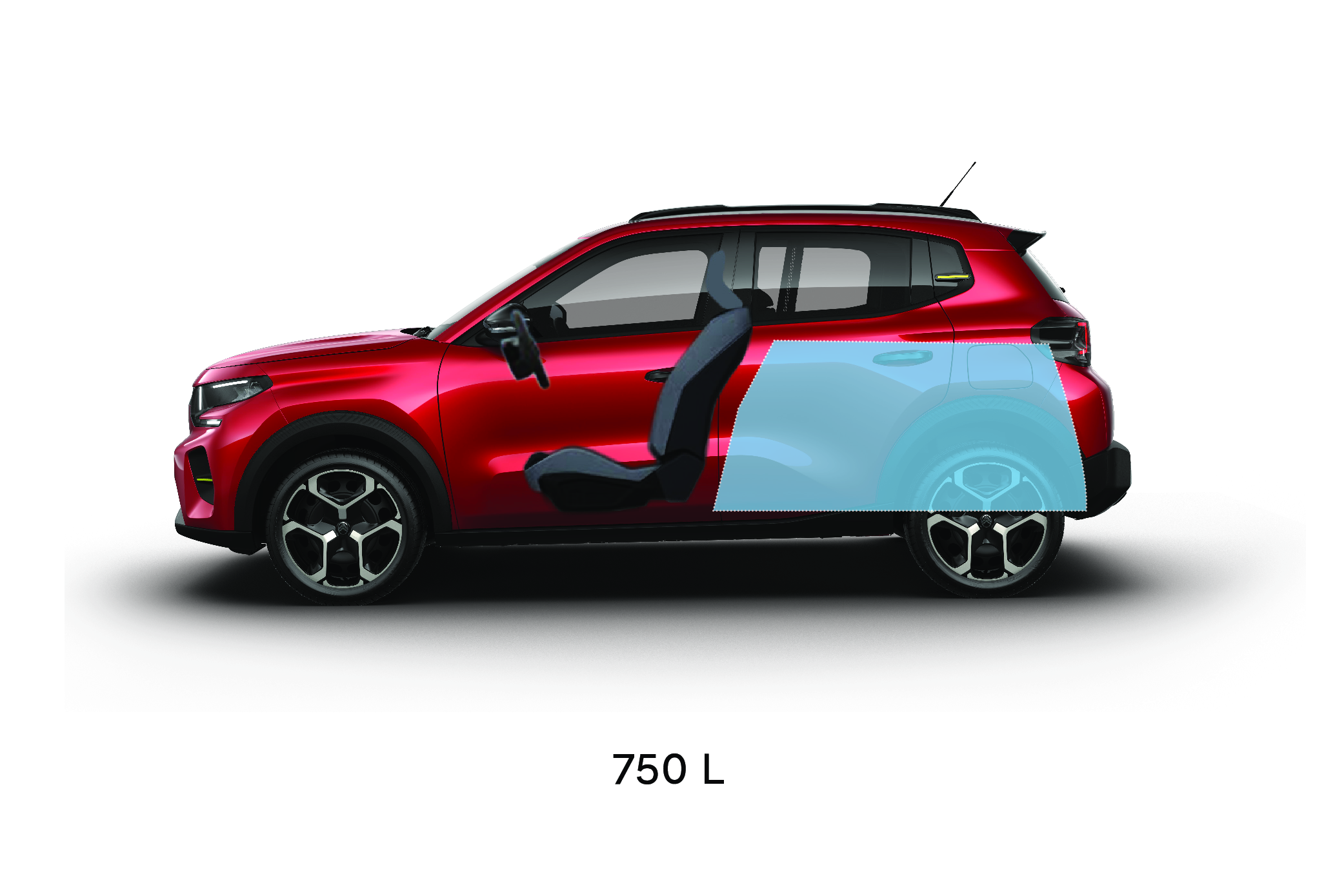 Zijaanzicht van de Citroën ë‑C3 Van, waarbij de laadruimte van 750 liter goed tot zijn recht komt.