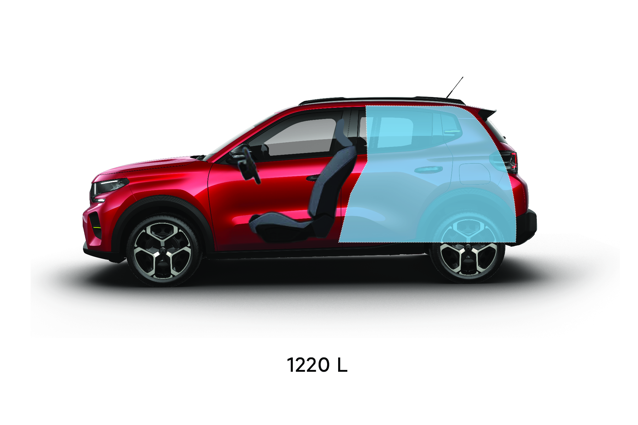 Zijaanzicht van de Citroën ë‑C3 Van, waarbij de maximale laadruimte van 1.220 liter goed tot uiting komt.