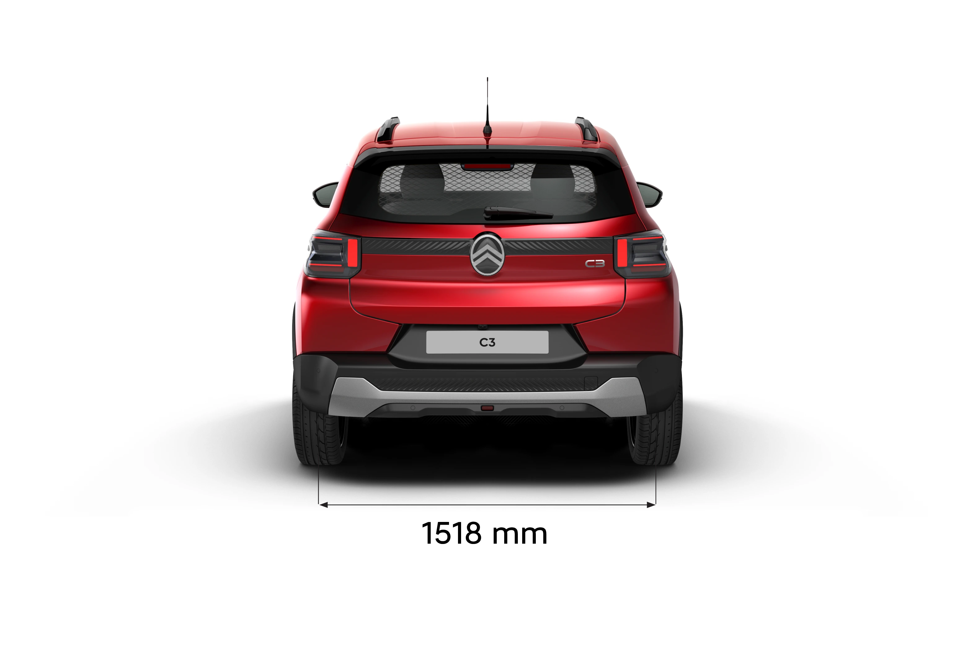 Achteraanzicht van de Citroën ë‑C3 Van, met vermelding van de buitenbreedte voor praktische en betaalbare mobiliteit.