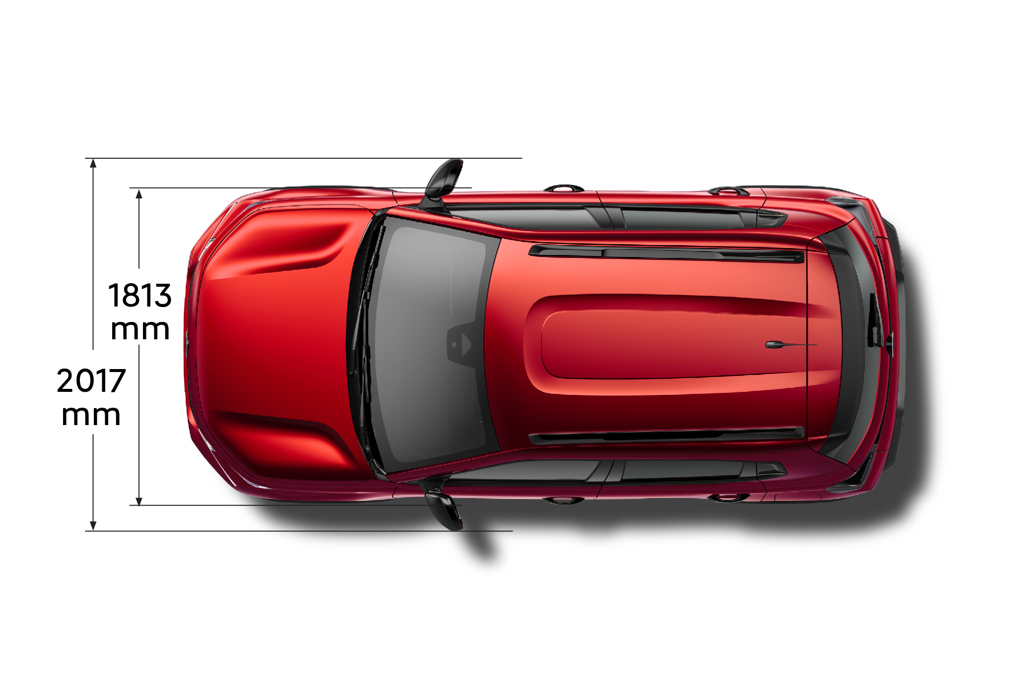 Bovenaanzicht van de Citroën ë‑C3 Van met de buitenbreedte en de voetafdruk van het voertuig.
