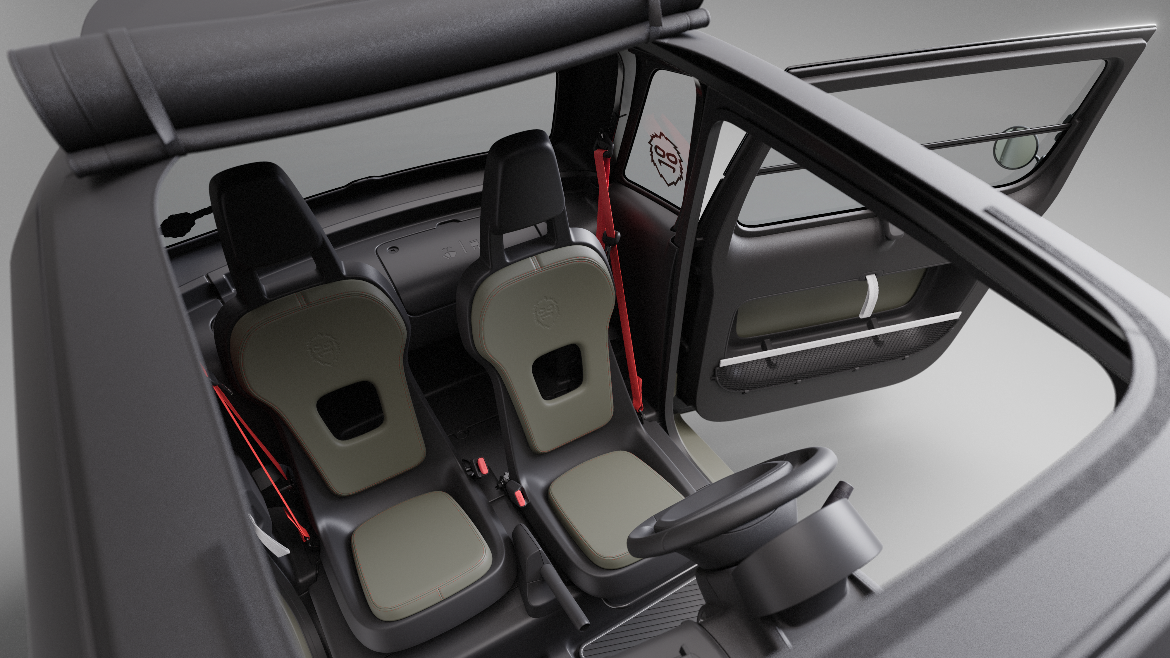 Bovenaanzicht van het interieur van de Citroën ami: de open cabine met te openen dak toont de elektrische stadsauto met gemakkelijke instap