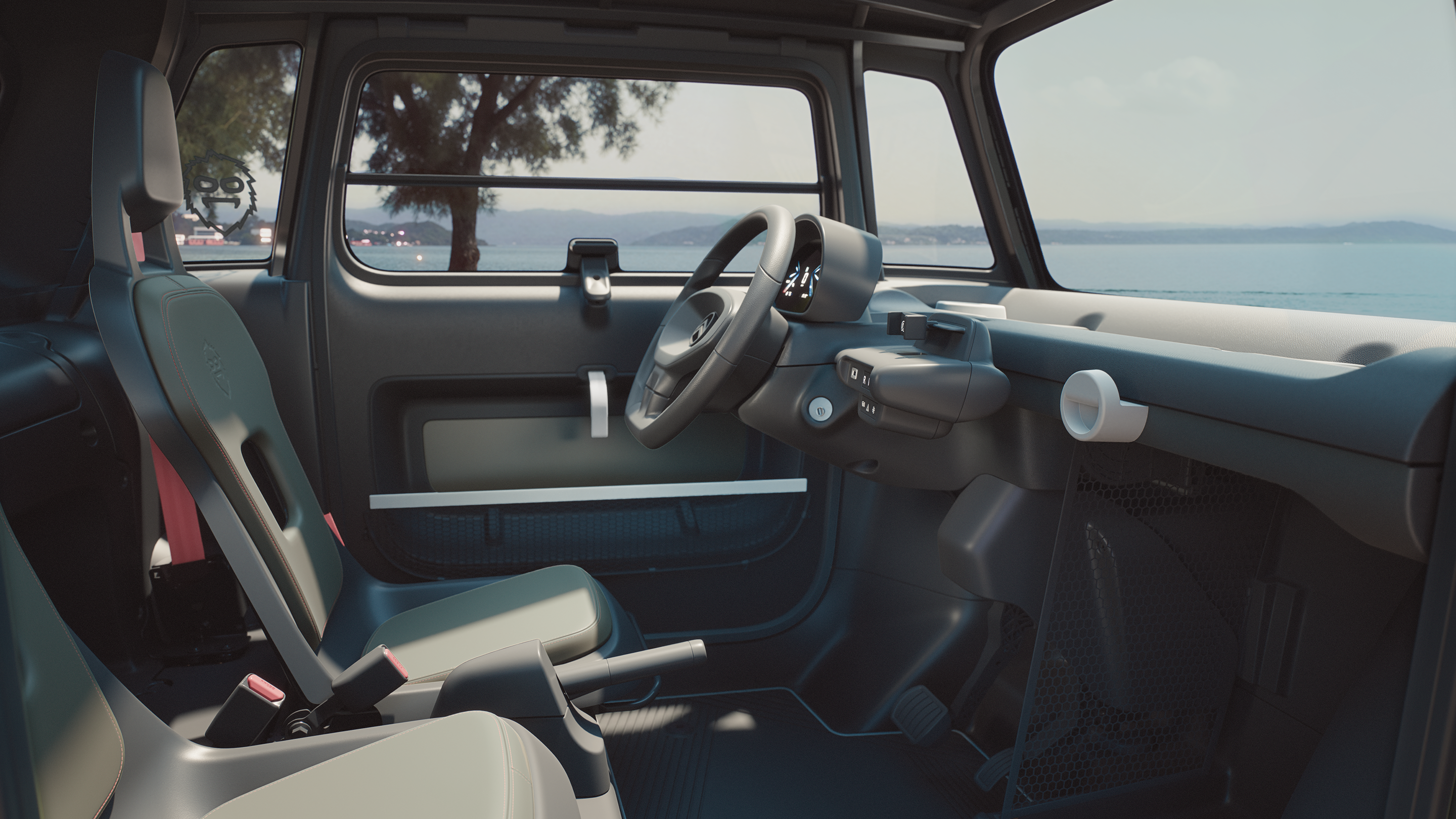 Interieurzicht vanaf de bestuurderszijde: de Citroën ami Outdoor met open cabine toont een elektrische stadsauto met een open ruimte