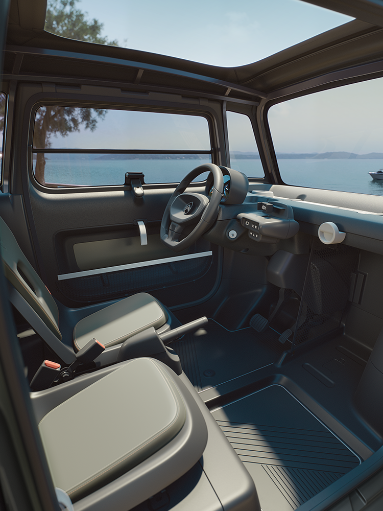 Interieur- en detailfoto’s van de Citroën ami Outdoor: open cabine en stoelen tonen een elektrische stadsauto met een unieke stijl