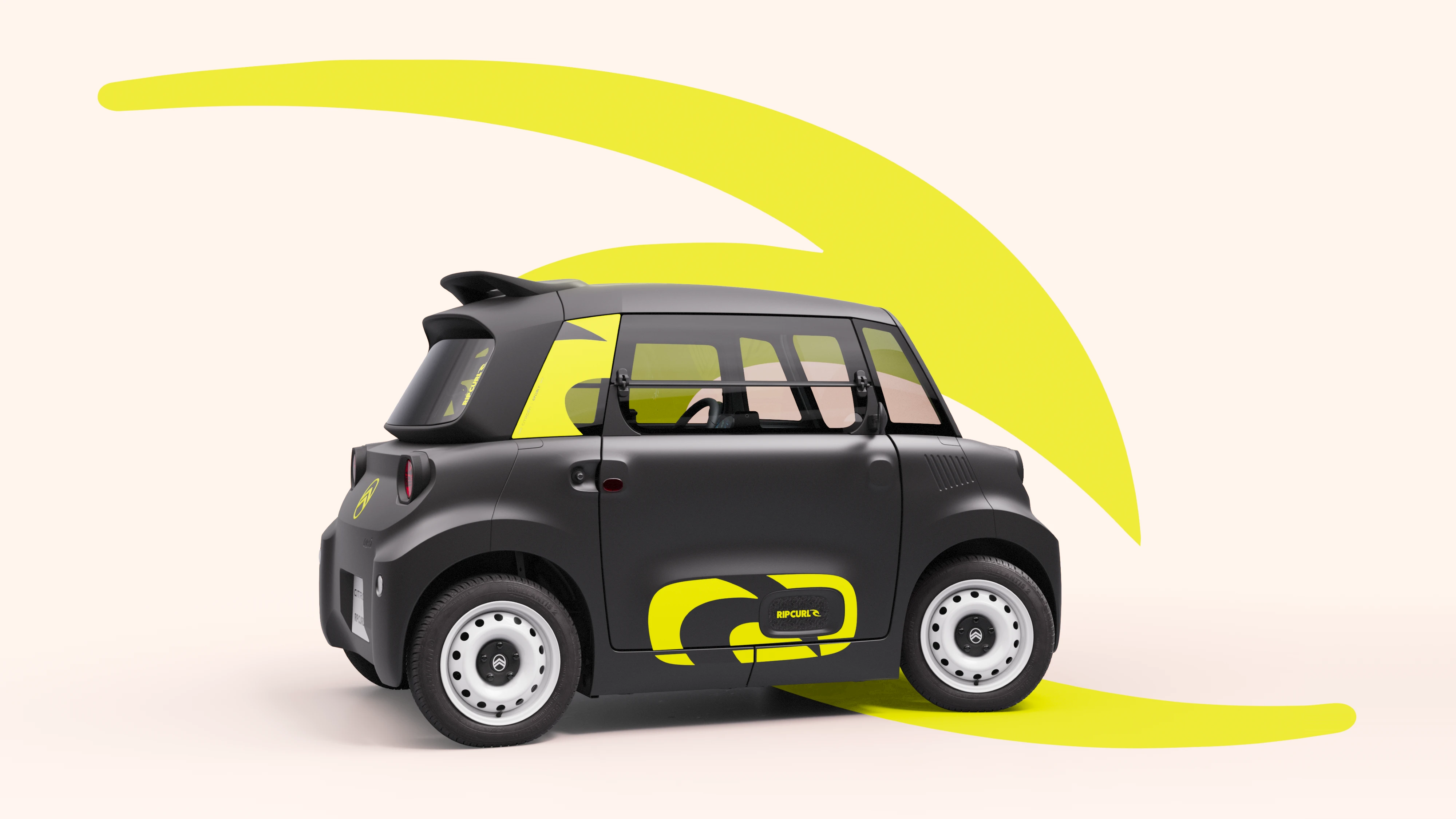 Zijaanzicht van de Citroën Ami x Rip Curl, elektrische auto zonder autorijbewijs, met compact ontwerp voor stedelijke elektrische mobiliteit.