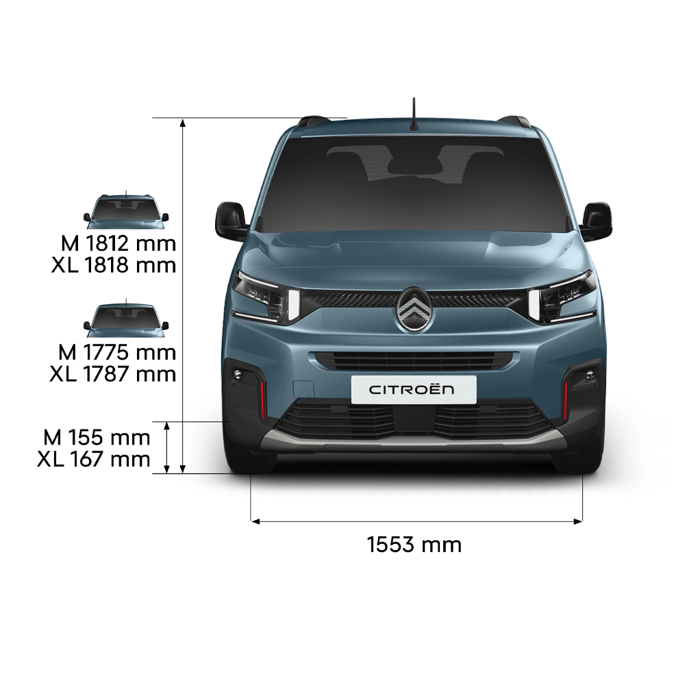 Technische afmetingen van de ë-Berlingo, met voor-, zij-, achter- en bovenaanzichten, inclusief belangrijke afmetingen en zitconfiguraties