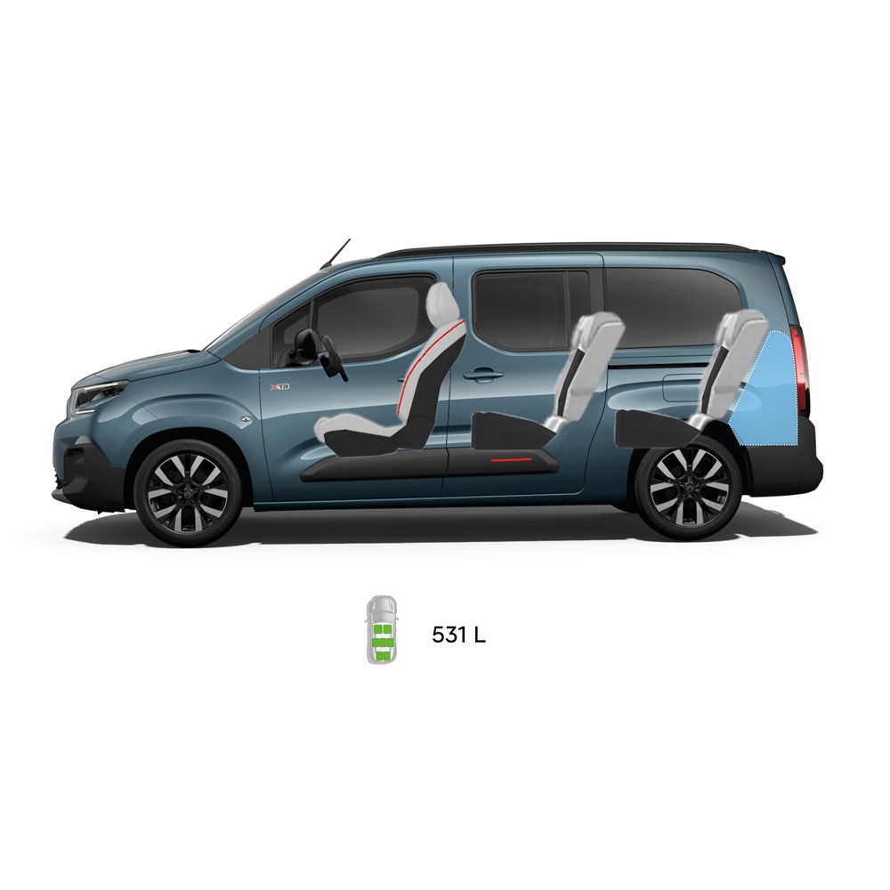 Technische afmetingen van de ë-Berlingo, met voor-, zij-, achter- en bovenaanzichten, inclusief belangrijke afmetingen en zitconfiguraties