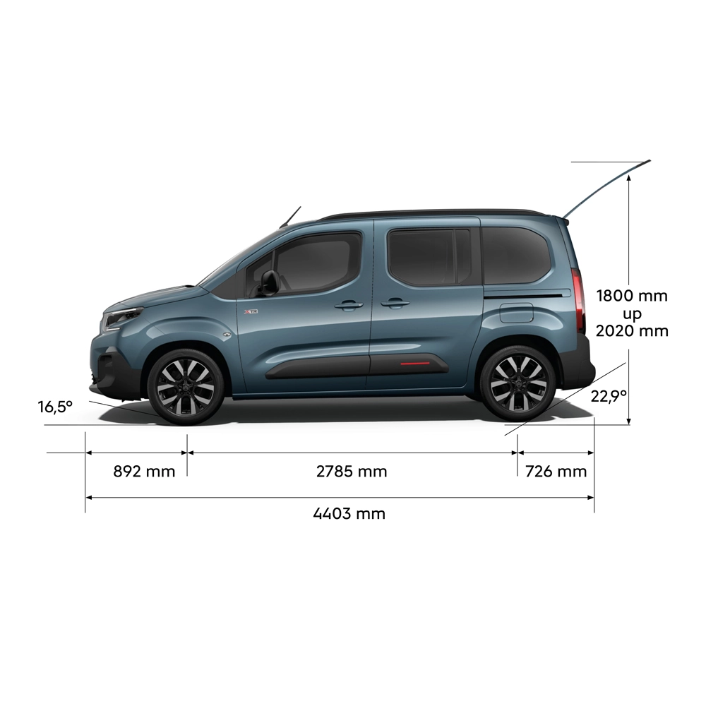 Technische afmetingen van de ë-Berlingo, met voor-, zij-, achter- en bovenaanzichten, inclusief belangrijke afmetingen en zitconfiguraties