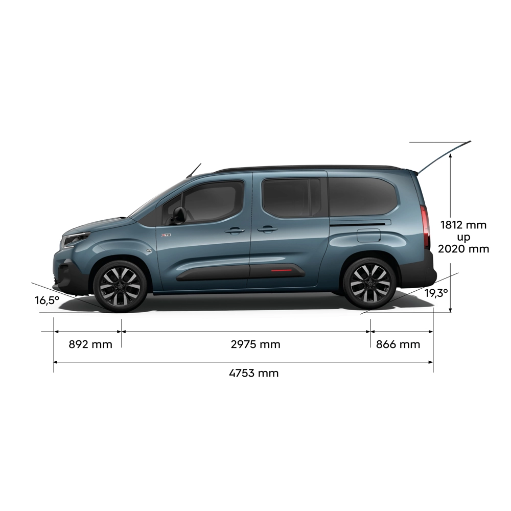 Technische afmetingen van de ë-Berlingo, met voor-, zij-, achter- en bovenaanzichten, inclusief belangrijke afmetingen en zitconfiguraties