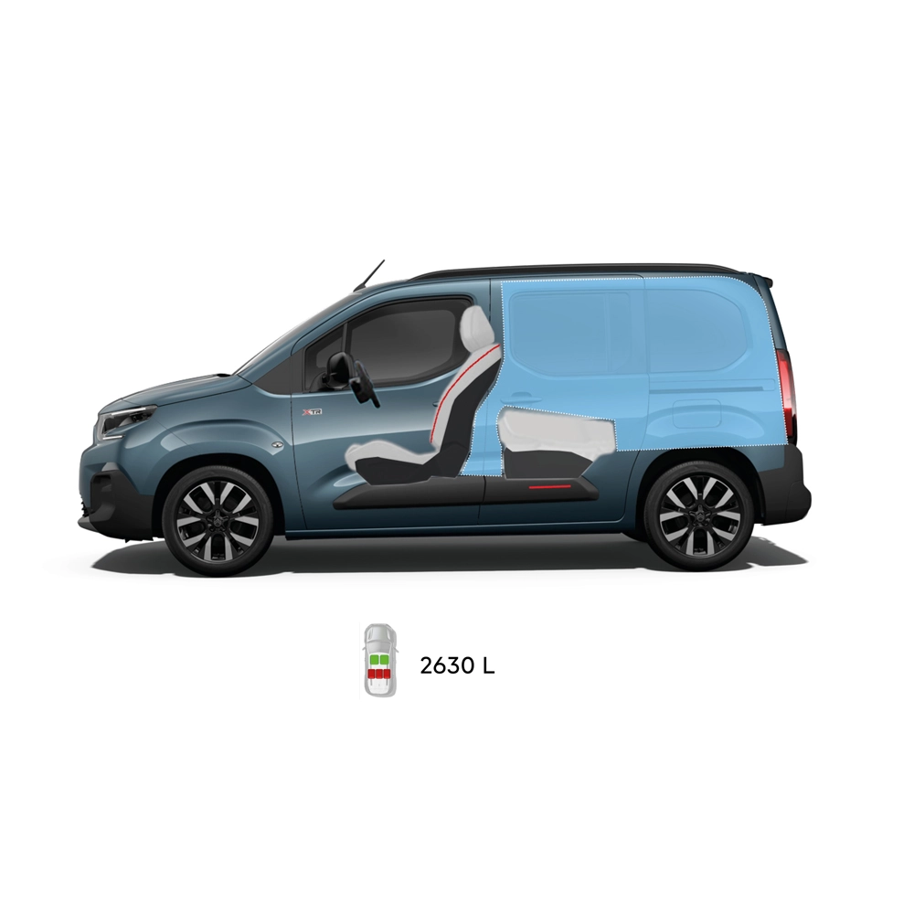 Technische afmetingen van de ë-Berlingo, met voor-, zij-, achter- en bovenaanzichten, inclusief belangrijke afmetingen en zitconfiguraties