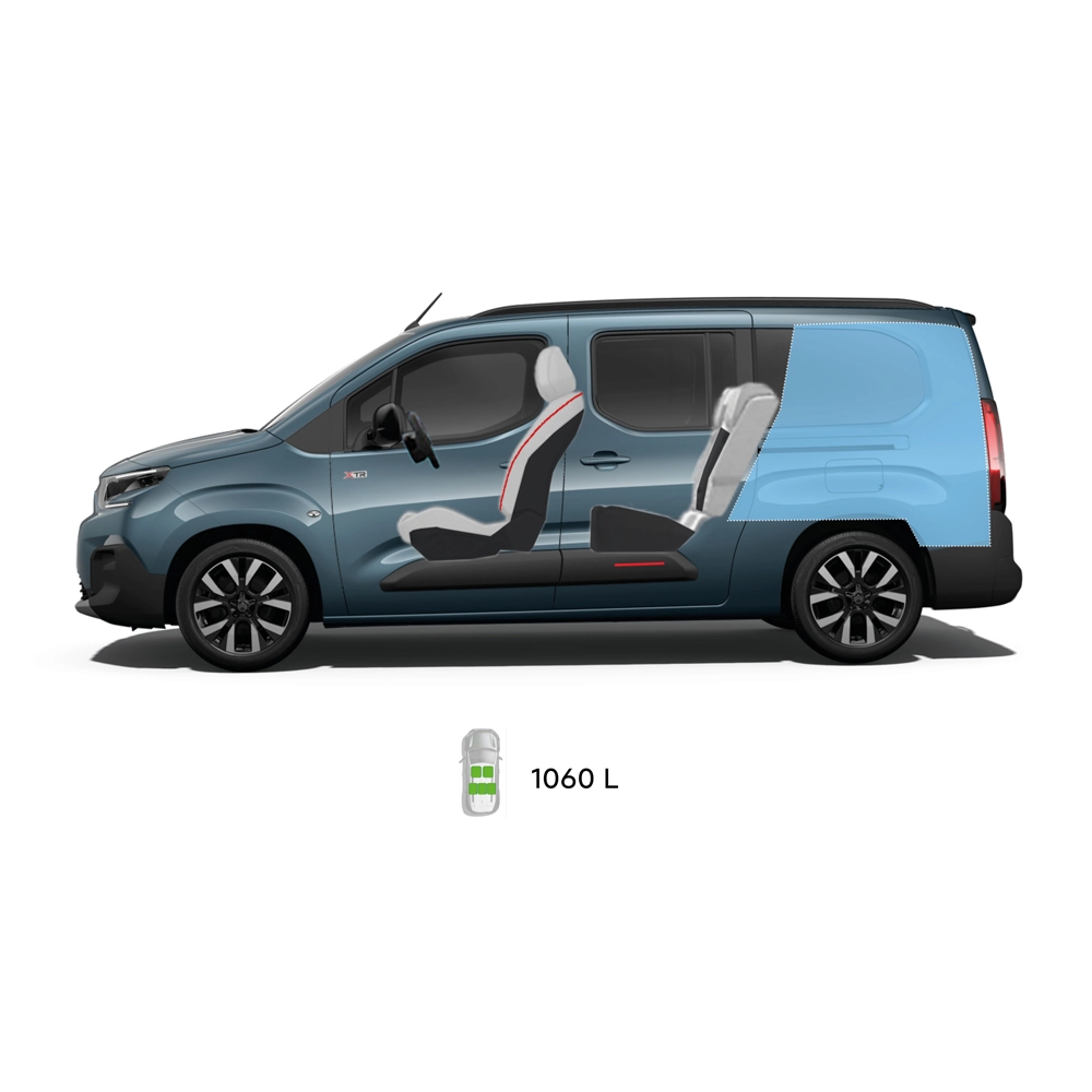 Technische afmetingen van de ë-Berlingo, met voor-, zij-, achter- en bovenaanzichten, inclusief belangrijke afmetingen en zitconfiguraties