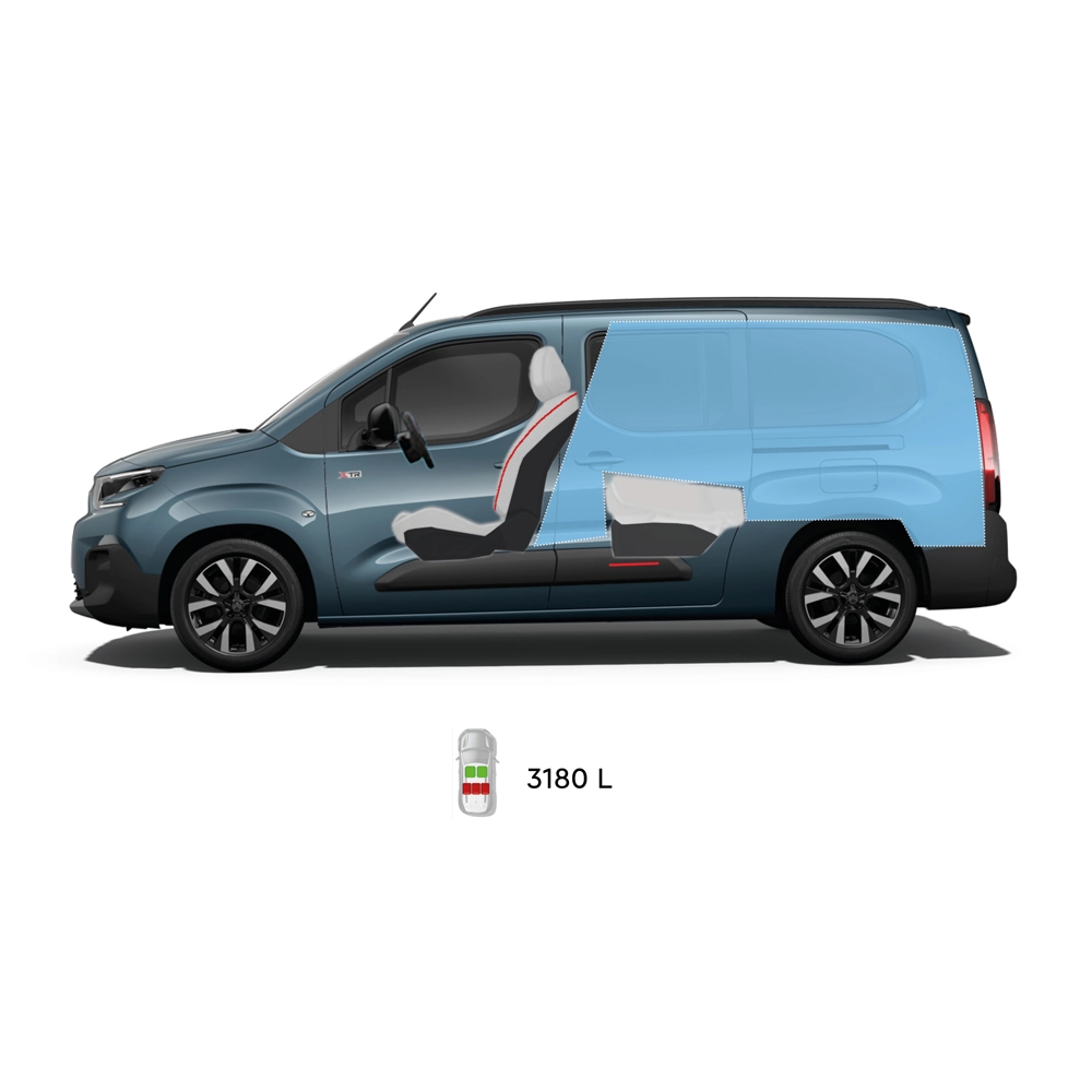 Technische afmetingen van de ë-Berlingo, met voor-, zij-, achter- en bovenaanzichten, inclusief belangrijke afmetingen en zitconfiguraties