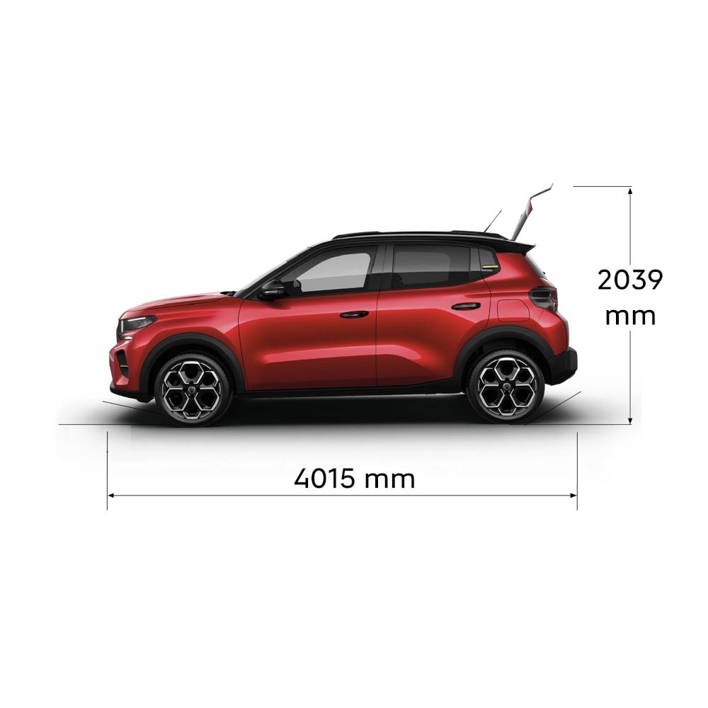 Multi‑aanzicht van de Citroën C3 compacte SUV met volledige buitenmaten en bagageruimte‑capaciteiten voor praktische, veelzijdige en betaalbare mobiliteit.