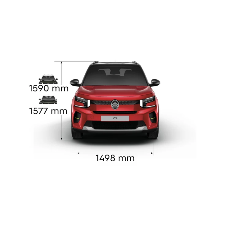 Multi‑aanzicht van de Citroën C3 compacte SUV met volledige buitenmaten en bagageruimte‑capaciteiten voor praktische, veelzijdige en betaalbare mobiliteit.