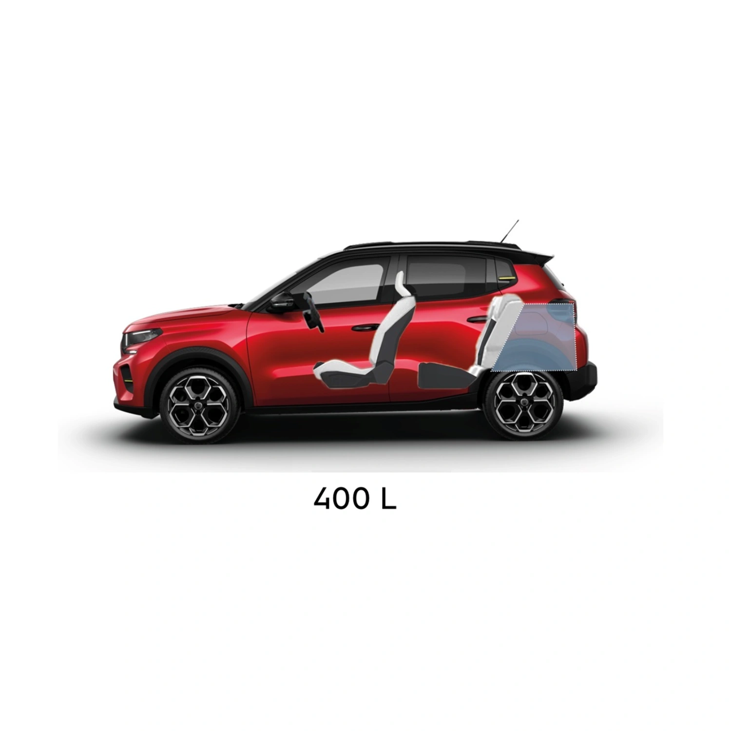 Multi‑aanzicht van de Citroën C3 compacte SUV met volledige buitenmaten en bagageruimte‑capaciteiten voor praktische, veelzijdige en betaalbare mobiliteit.