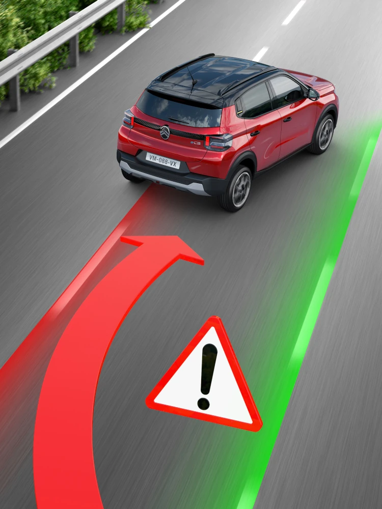 Achteraanzicht rijdend van de Citroën C3 SUV met rijstrookassistentie voor veiligere, zelfverzekerde en betaalbare dagelijkse mobiliteit.