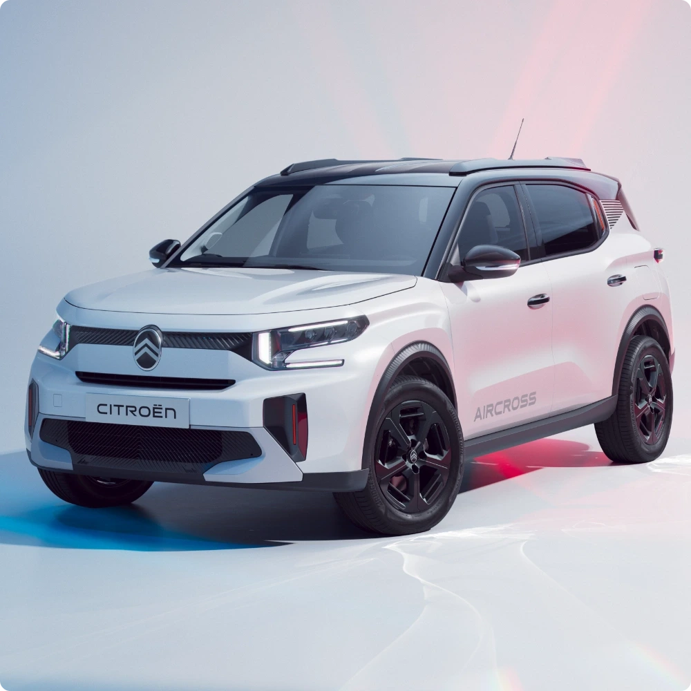 Driekwart achteraanzicht van de Citroën ë‑C3 Aircross elektrische SUV met eenvoudig elektrisch rijden voor praktische, efficiënte en betaalbare mobiliteit.