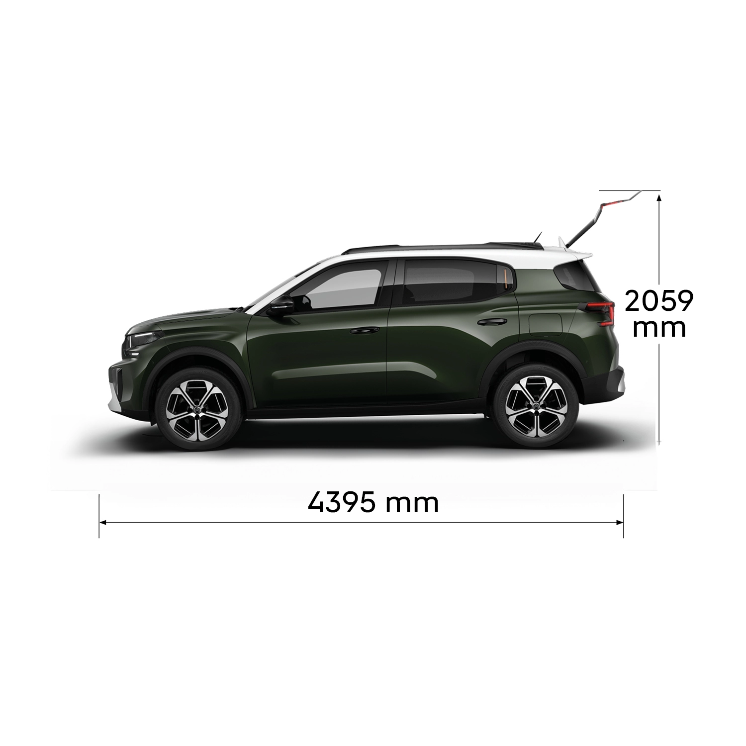 Multi‑aanzicht van de Citroën ë‑C3 Aircross elektrische SUV met volledige buitenmaten en interieurvolumes voor praktische en betaalbare mobiliteit.