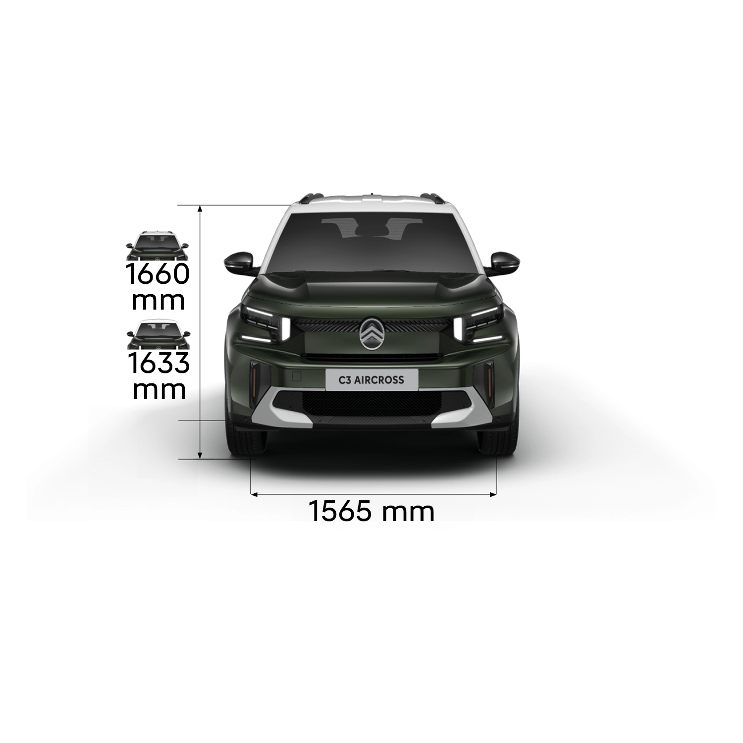 Multi‑aanzicht van de Citroën ë‑C3 Aircross elektrische SUV met volledige buitenmaten en interieurvolumes voor praktische en betaalbare mobiliteit.