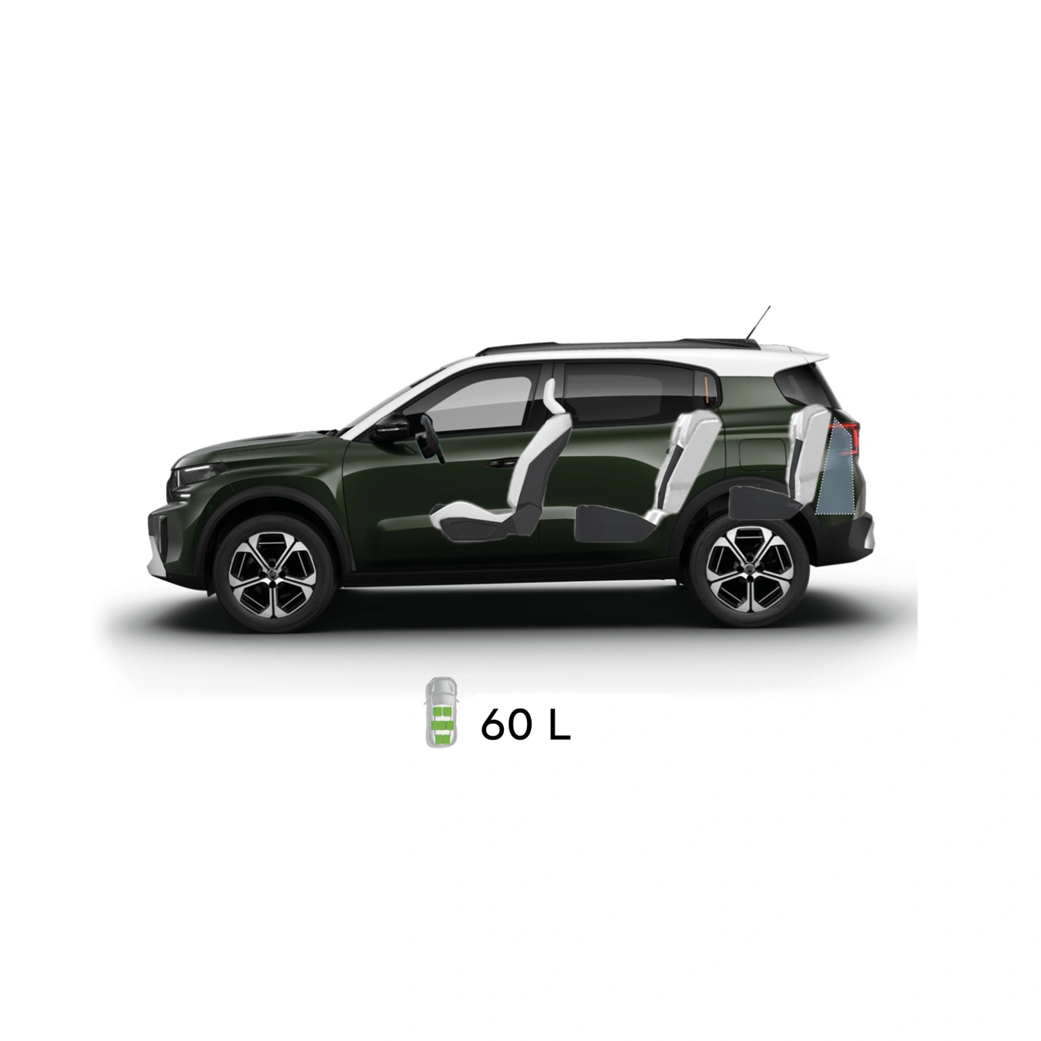 Multi‑aanzicht van de Citroën ë‑C3 Aircross elektrische SUV met volledige buitenmaten en interieurvolumes voor praktische en betaalbare mobiliteit.
