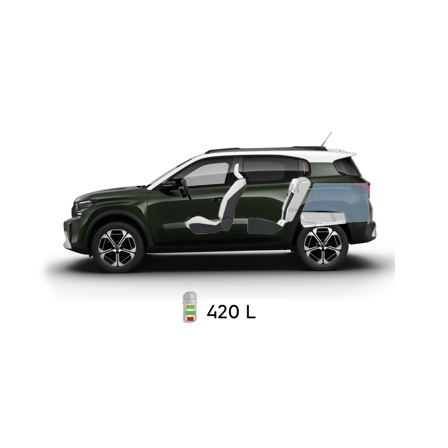 Multi‑aanzicht van de Citroën ë‑C3 Aircross elektrische SUV met volledige buitenmaten en interieurvolumes voor praktische en betaalbare mobiliteit.