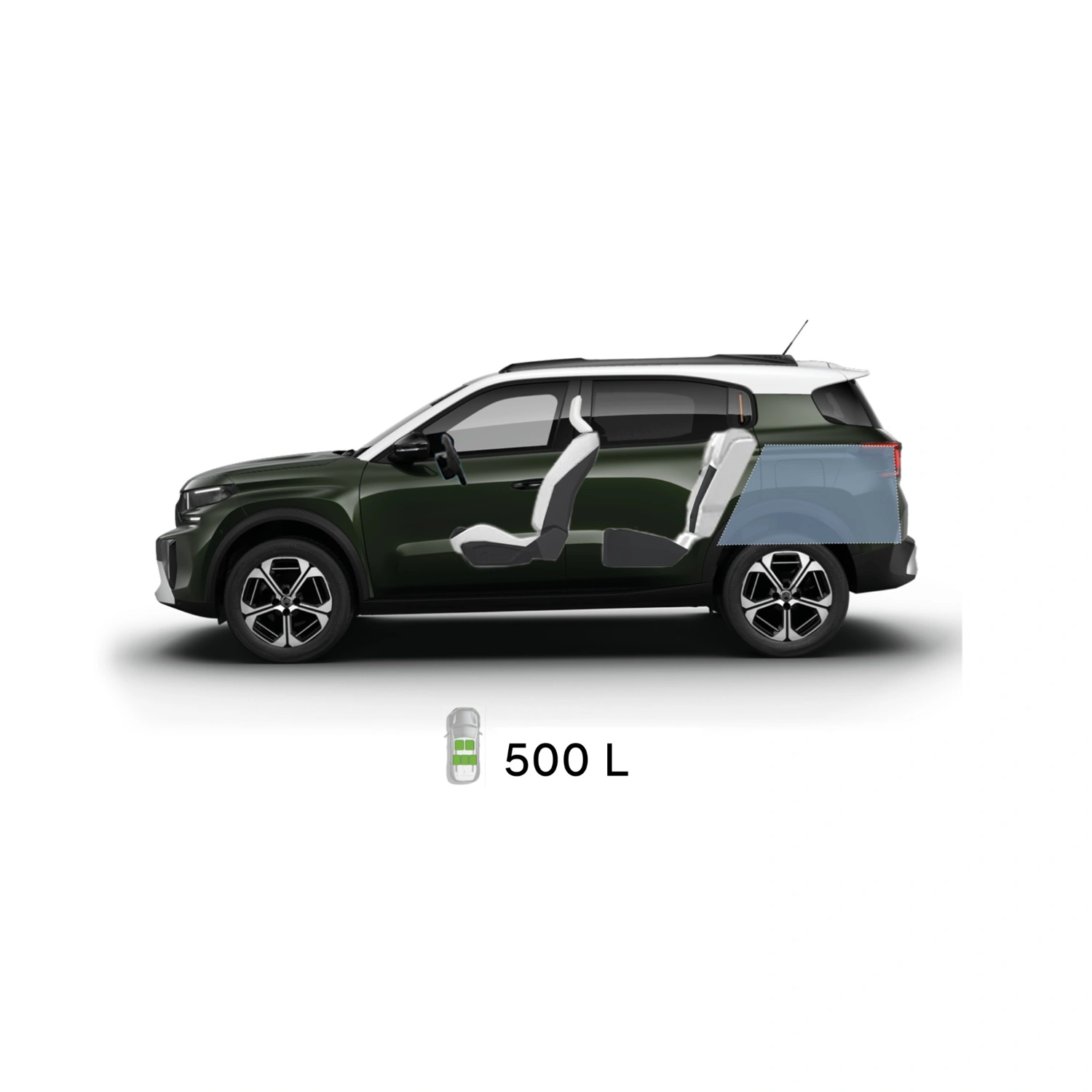 Multi‑aanzicht van de Citroën ë‑C3 Aircross elektrische SUV met volledige buitenmaten en interieurvolumes voor praktische en betaalbare mobiliteit.