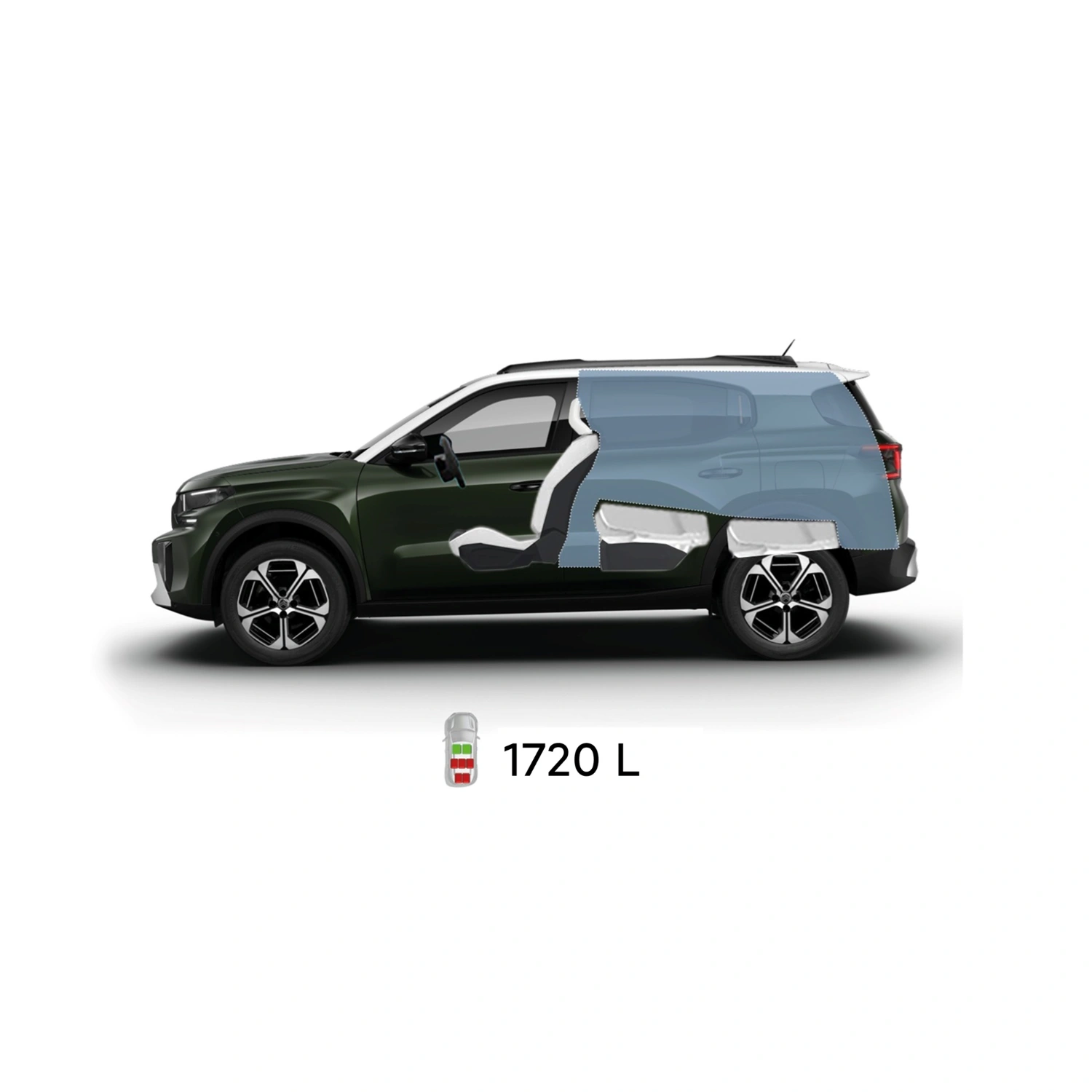 Multi‑aanzicht van de Citroën ë‑C3 Aircross elektrische SUV met volledige buitenmaten en interieurvolumes voor praktische en betaalbare mobiliteit.