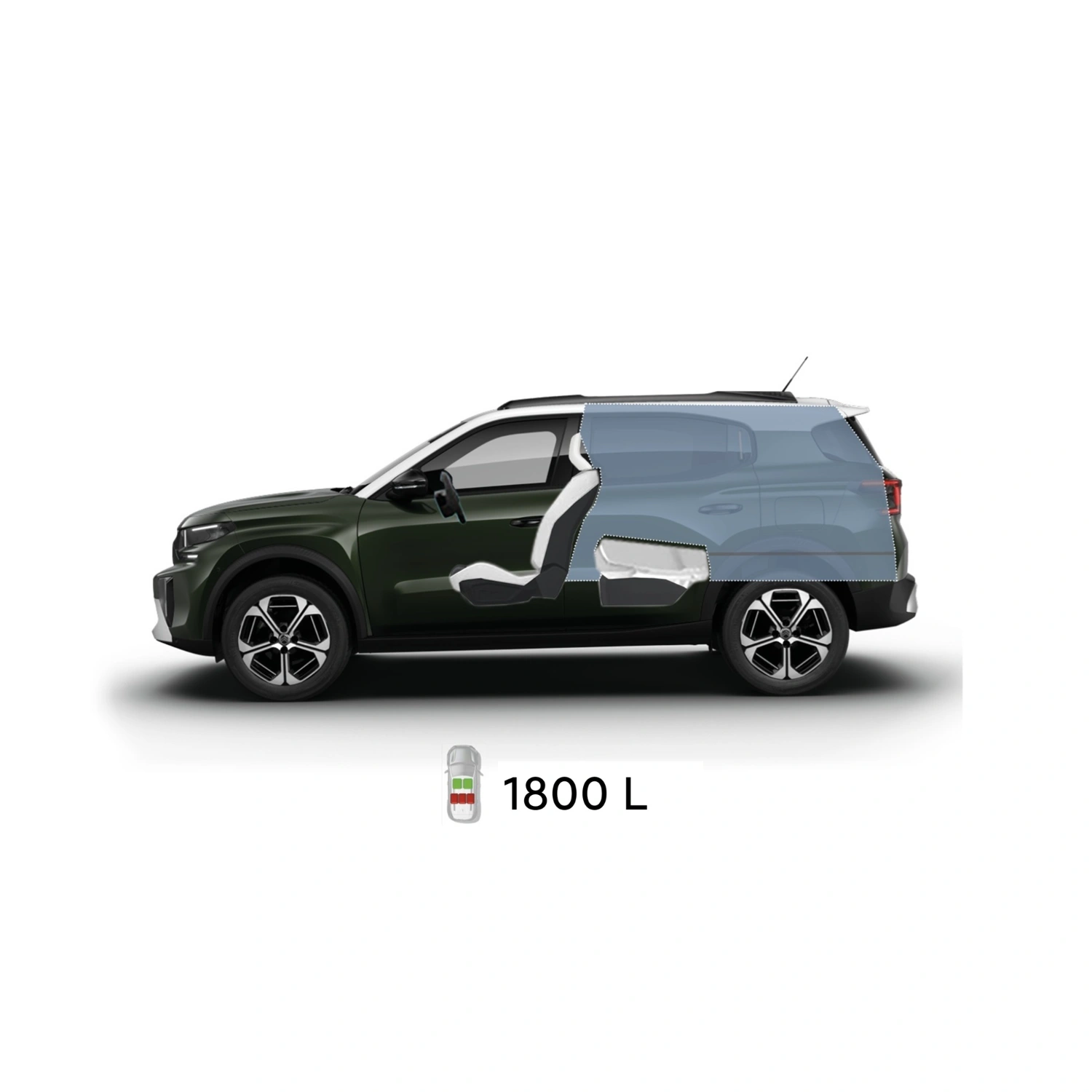 Multi‑aanzicht van de Citroën ë‑C3 Aircross elektrische SUV met volledige buitenmaten en interieurvolumes voor praktische en betaalbare mobiliteit.