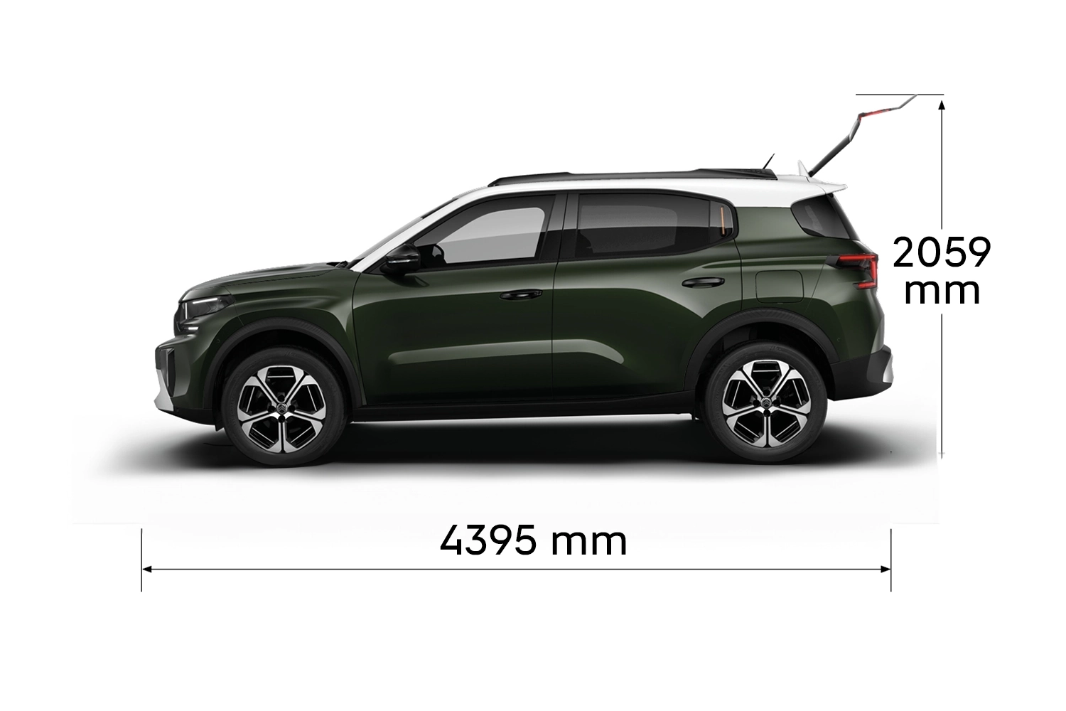 Multi‑aanzicht van de Citroën C3 Aircross SUV met volledige buitenmaten en interieurvolumes voor praktische en betaalbare mobiliteit.