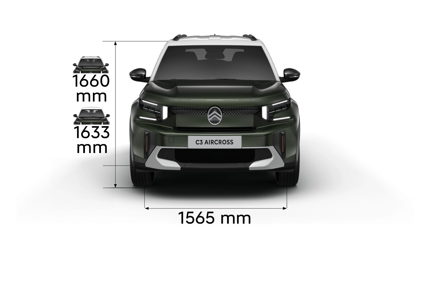 Multi‑aanzicht van de Citroën C3 Aircross SUV met volledige buitenmaten en interieurvolumes voor praktische en betaalbare mobiliteit.