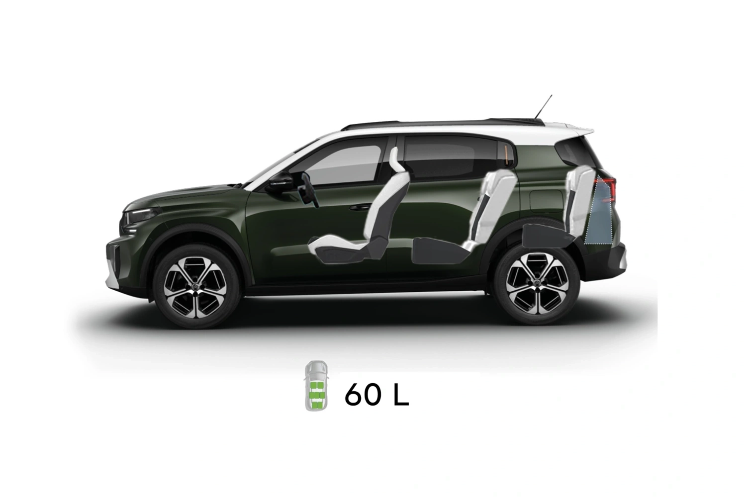Multi‑aanzicht van de Citroën C3 Aircross SUV met volledige buitenmaten en interieurvolumes voor praktische en betaalbare mobiliteit.