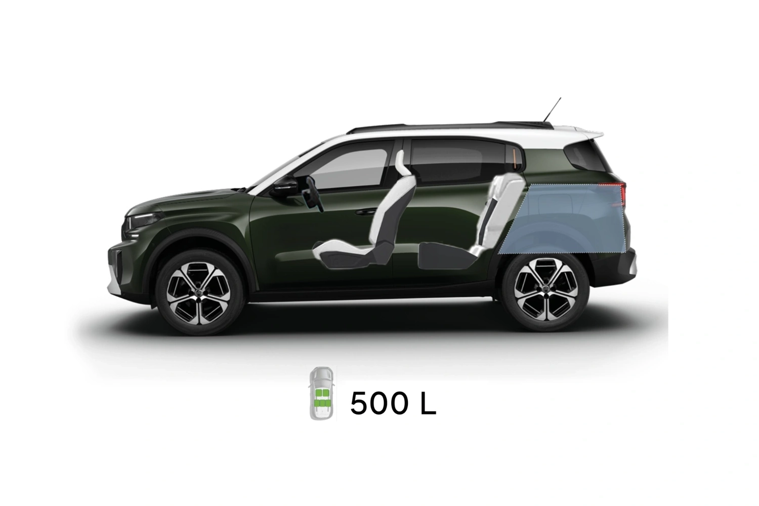 Multi‑aanzicht van de Citroën C3 Aircross SUV met volledige buitenmaten en interieurvolumes voor praktische en betaalbare mobiliteit.