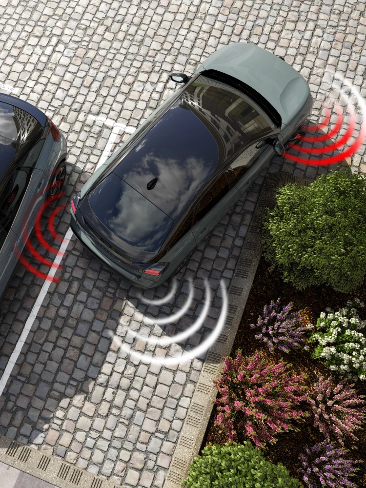 Bovenaanzicht van de ë‑C4 met voor‑ en achtersensoren, zicht, veiligheid en technologie voor zelfverzekerd parkeren.