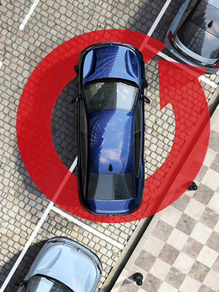 Bovenaanzicht van de Citroën C4 X met 360°‑camera die de volledige omgeving toont voor eenvoudig manoeuvreren.