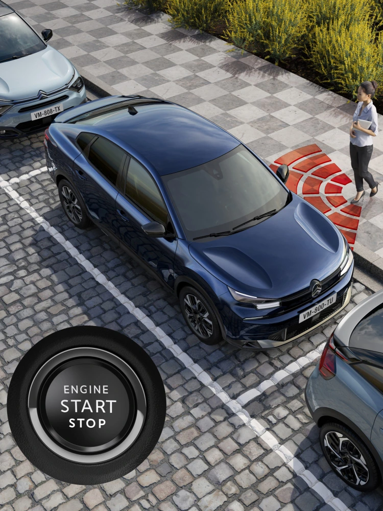Bovenaanzicht van de geparkeerde Citroën C4 X met Proximity Keyless Entry & Start‑systeem.
