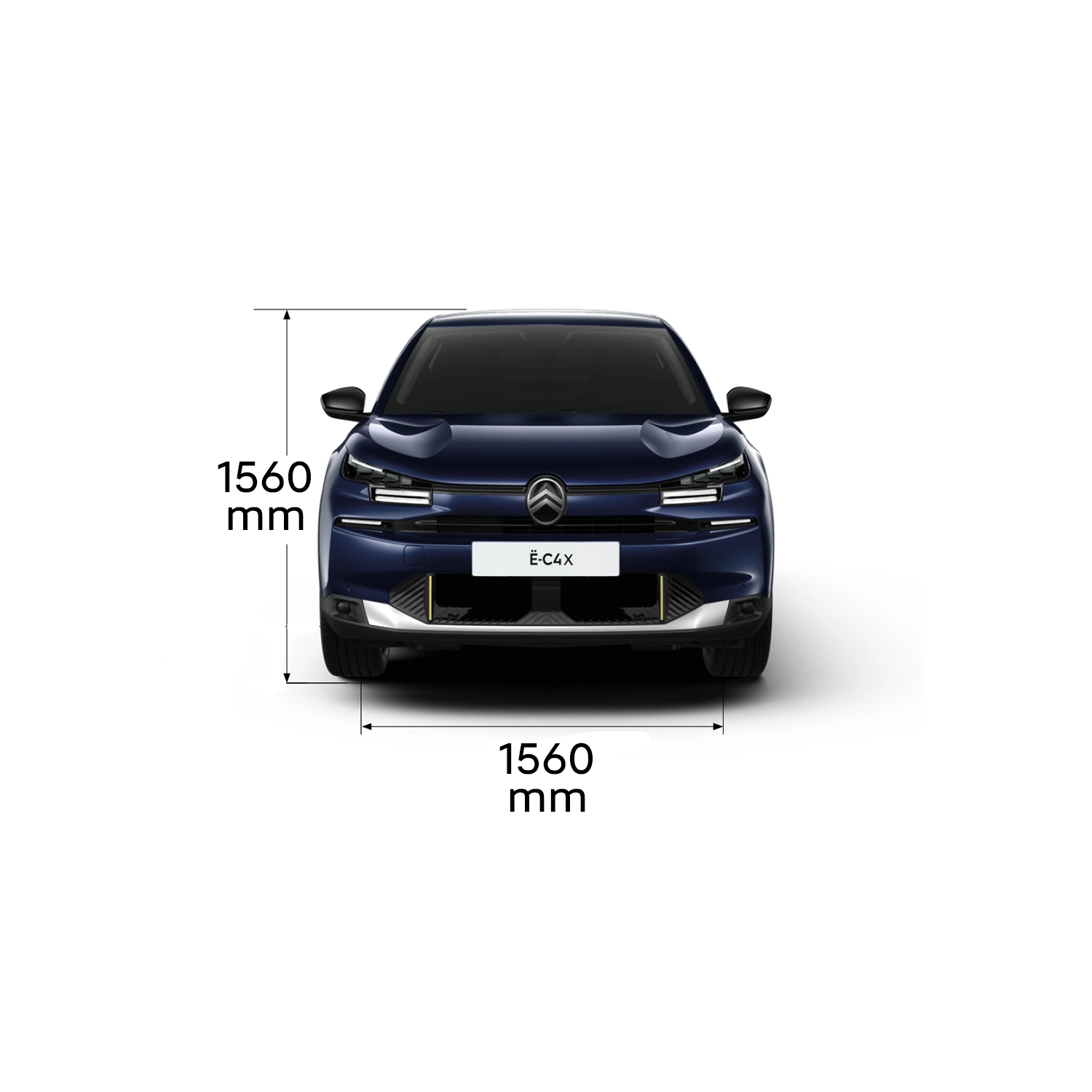 Afbeelding waarop de Citroën ë‑C4 X vanuit verschillende hoeken te zien is, met aangegeven buiten- en binnenafmetingen