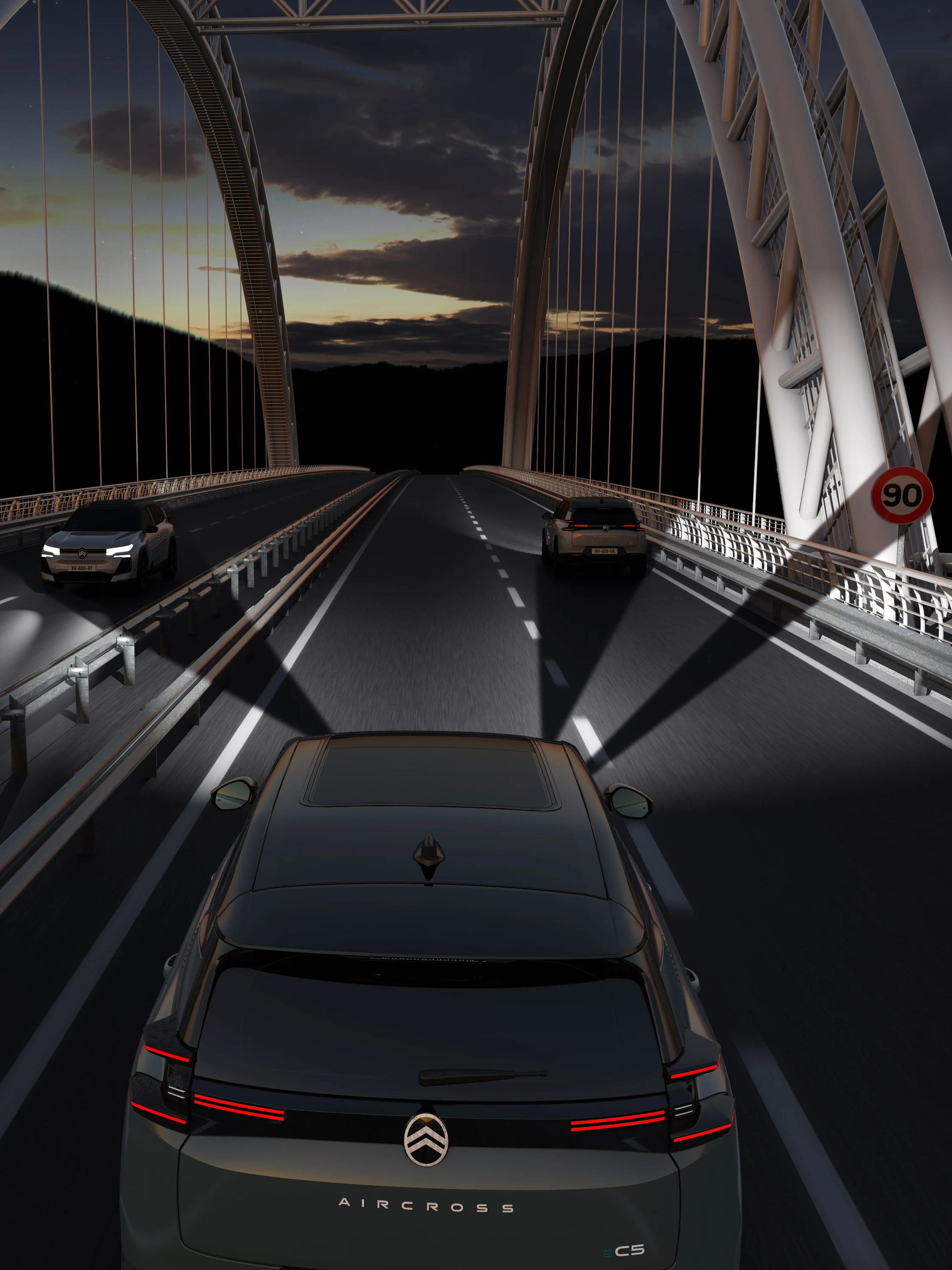 Achteraanzicht van de C5 Aircross met Matrix LED‑koplampen, zicht, veiligheid en technologie voor een serene nachtelijke rit.