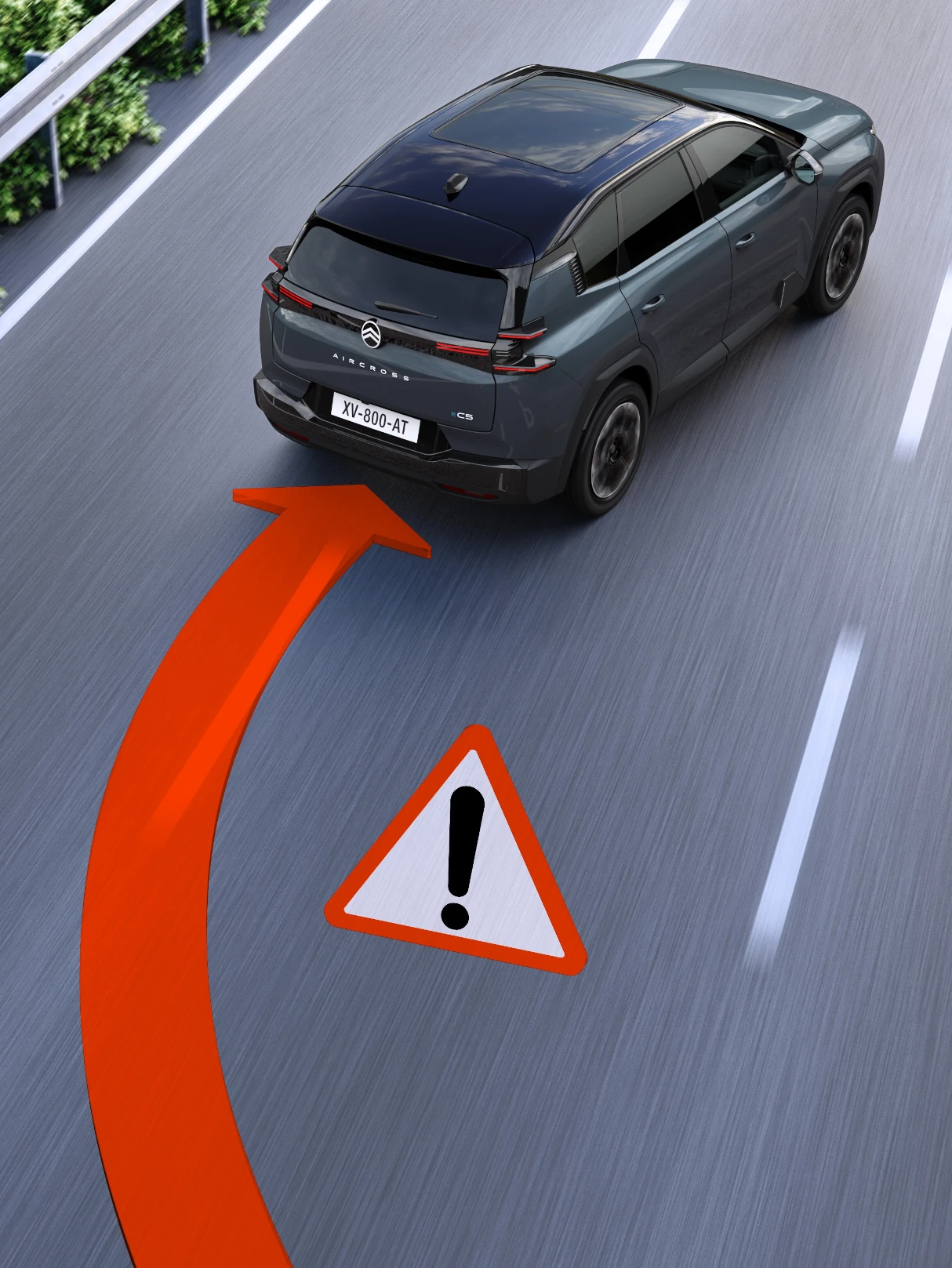 Driekwart achteraanzicht van de C5 Aircross met rijstrookwaarschuwing voor verbeterde veiligheid, zicht, efficiëntie en stabiel rijstrookbehoud.
