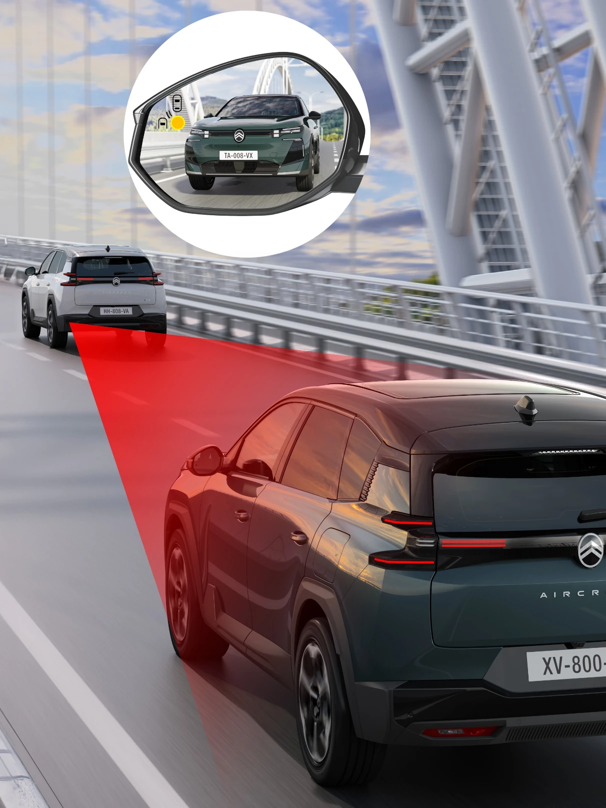 Achteraanzicht van de C5 Aircross met dodehoekdetectie voor lange afstand, gericht op veiligheid, zicht, technologie en zelfverzekerd rijden.