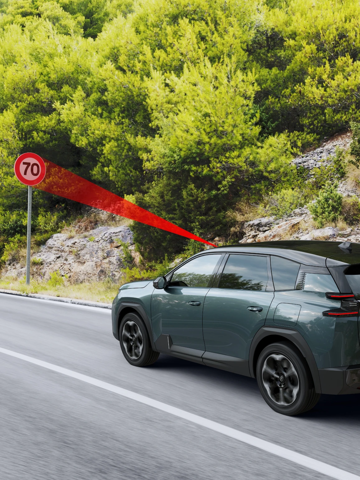 Zijaanzicht van de C5 Aircross met verkeersbordherkenning voor verbeterde veiligheid, zicht, technologie en soepel, geïnformeerd rijden.