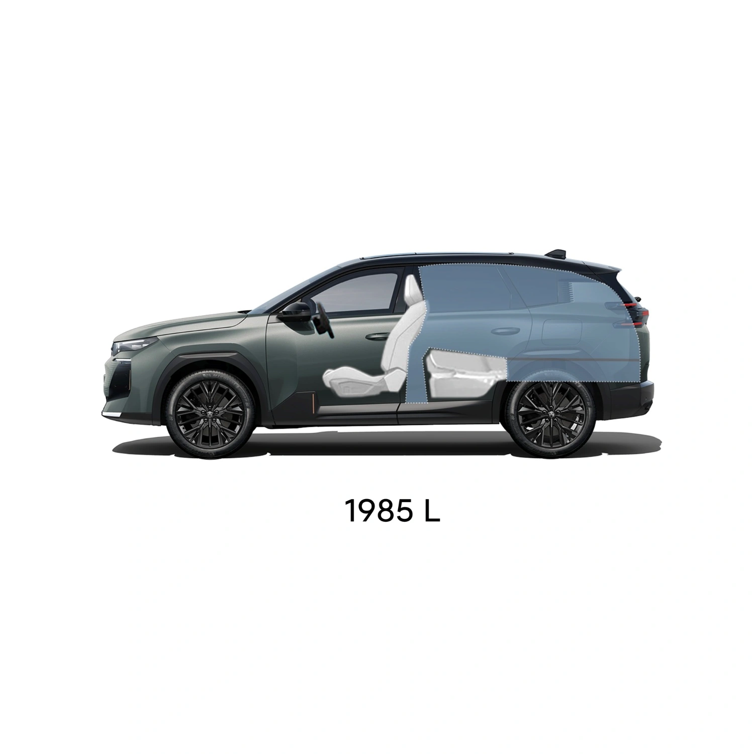 Technisch overzicht van de ë‑C5 Aircross met voor‑, achter‑, zij‑ en bovenaanzicht inclusief buitenmaten en bagageruimte‑inhoud.