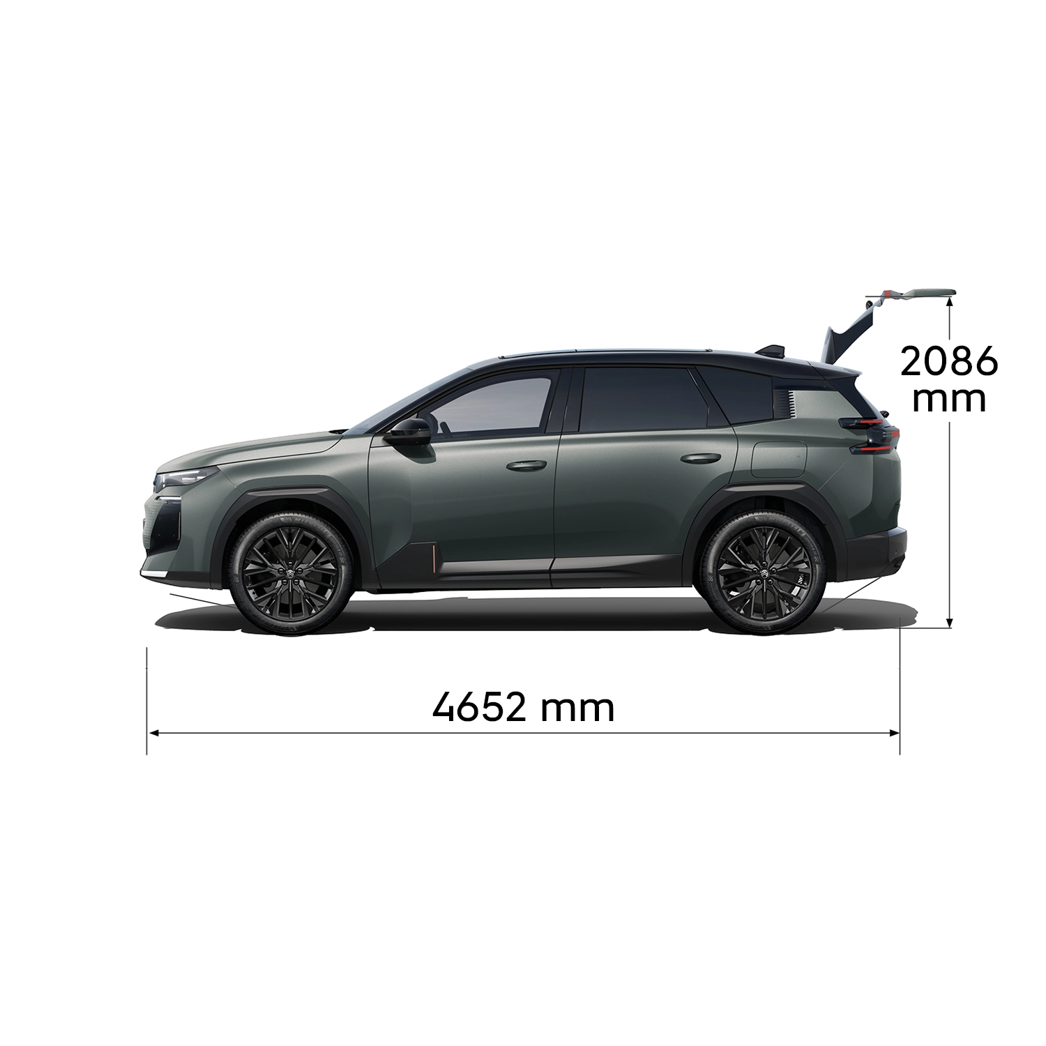 Technisch overzicht van de ë‑C5 Aircross met voor‑, achter‑, zij‑ en bovenaanzicht inclusief buitenmaten en bagageruimte‑inhoud.
