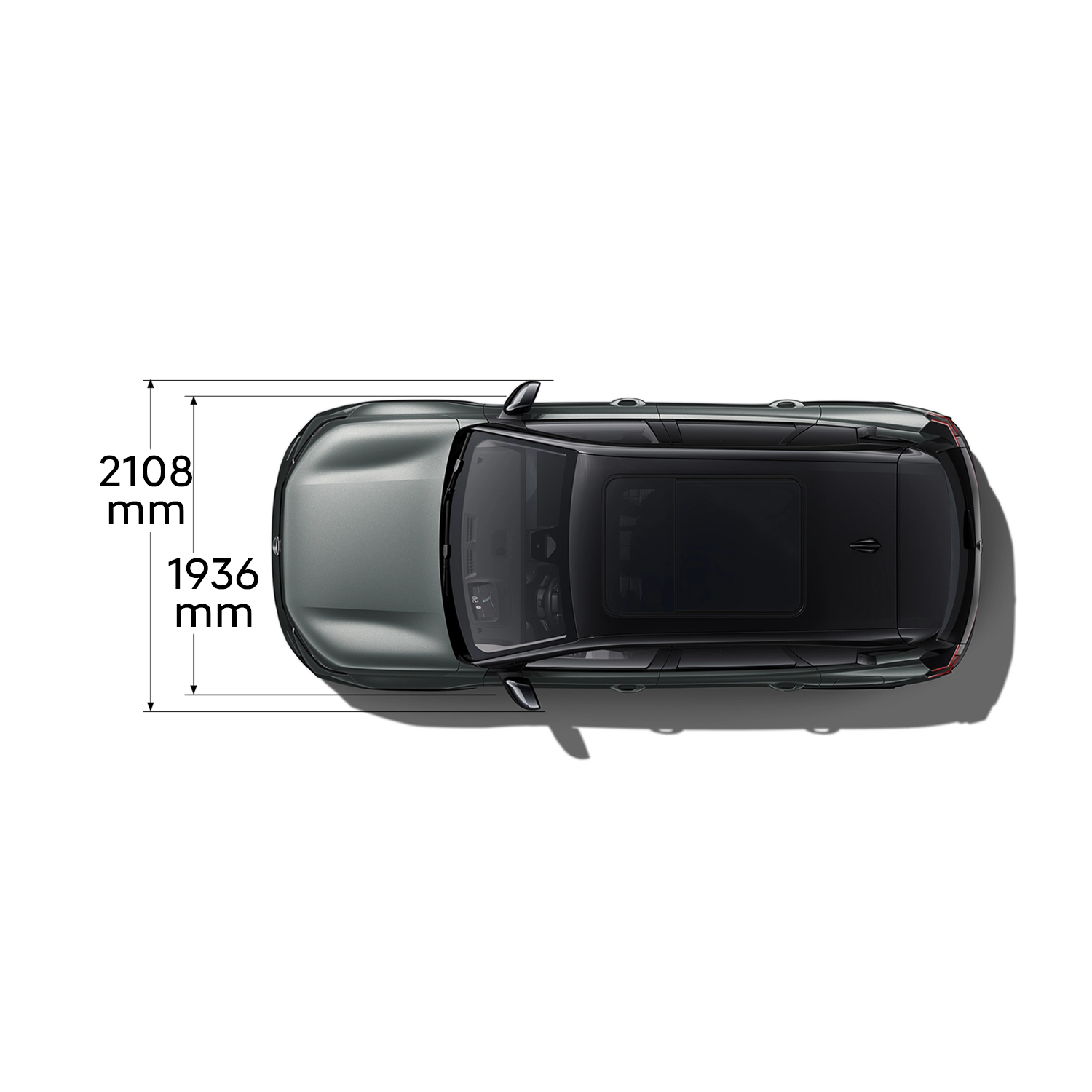 Technisch overzicht van de ë‑C5 Aircross met voor‑, achter‑, zij‑ en bovenaanzicht inclusief buitenmaten en bagageruimte‑inhoud.