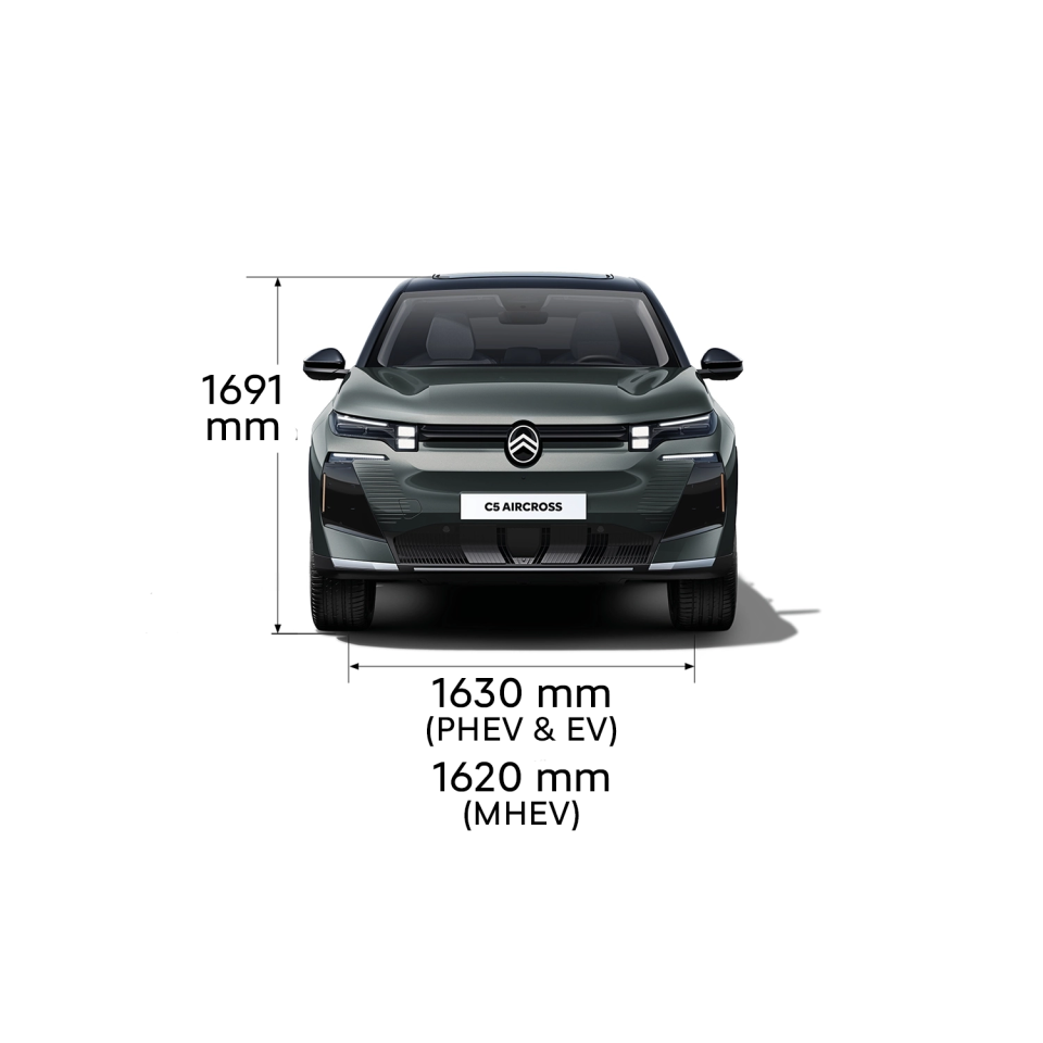 Technisch overzicht van de ë‑C5 Aircross met voor‑, achter‑, zij‑ en bovenaanzicht inclusief buitenmaten en bagageruimte‑inhoud.