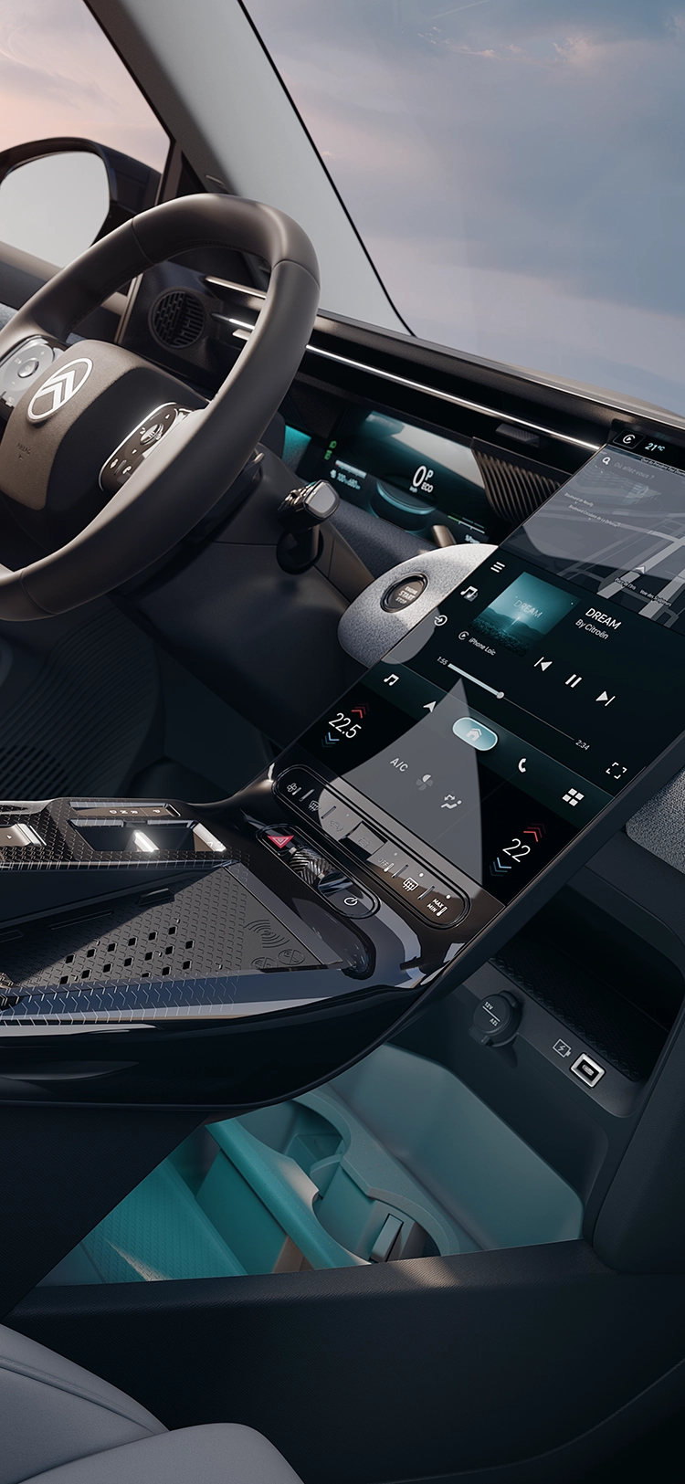 Cockpitdetail van de Citroën C5 Aircross Emeraude met Waterfall-scherm, 3D-navigatie en connectiviteitsfuncties