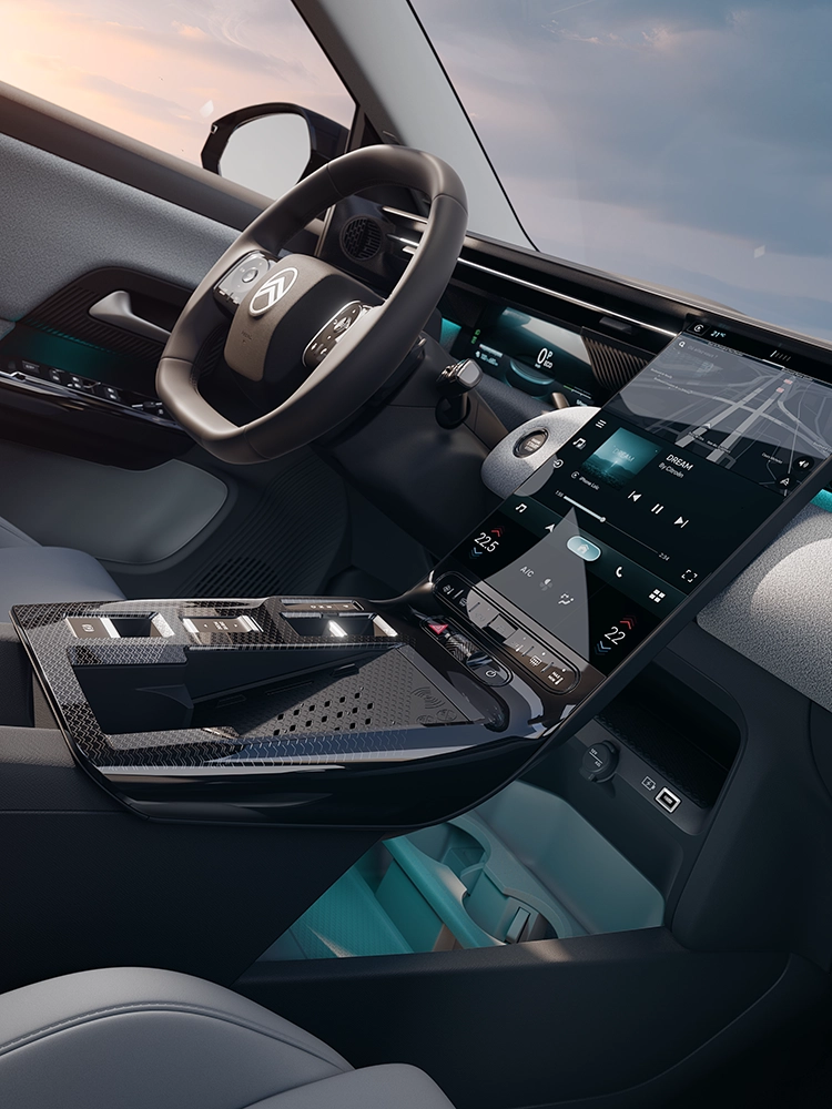 Close-up van het Waterfall-touchscreen van de Citroën C5 Aircross Emeraude met navigatiesysteem en connected functies