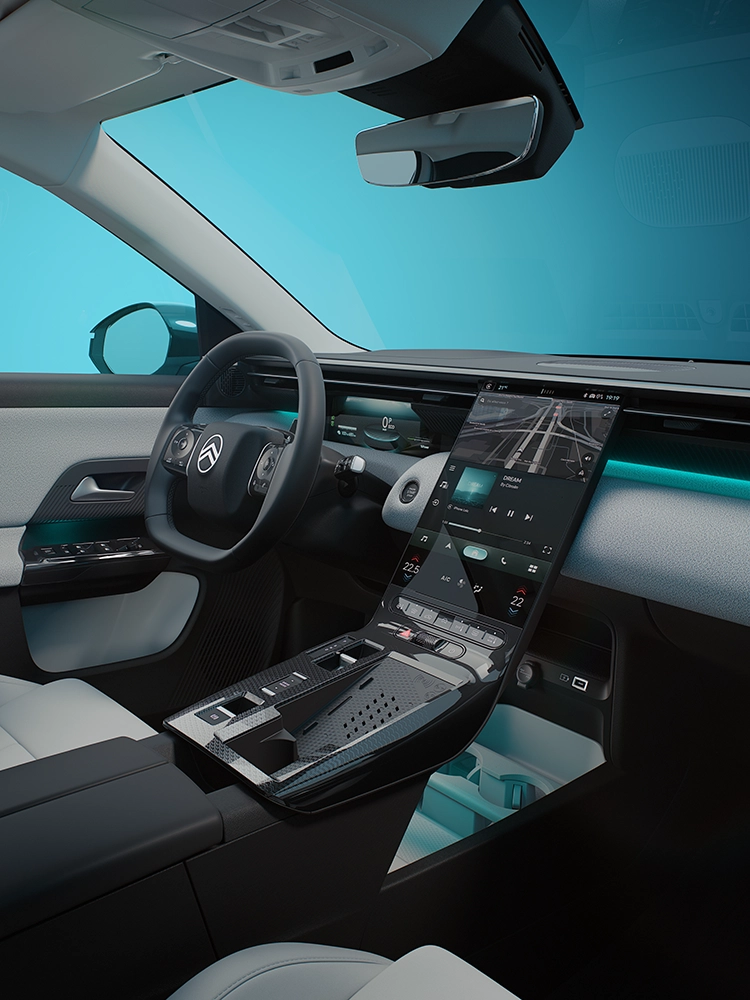 Bestuurderszijde van het interieur van de Citroën C5 Aircross Emeraude met Waterfall-scherm en connected cockpit voor gezinnen