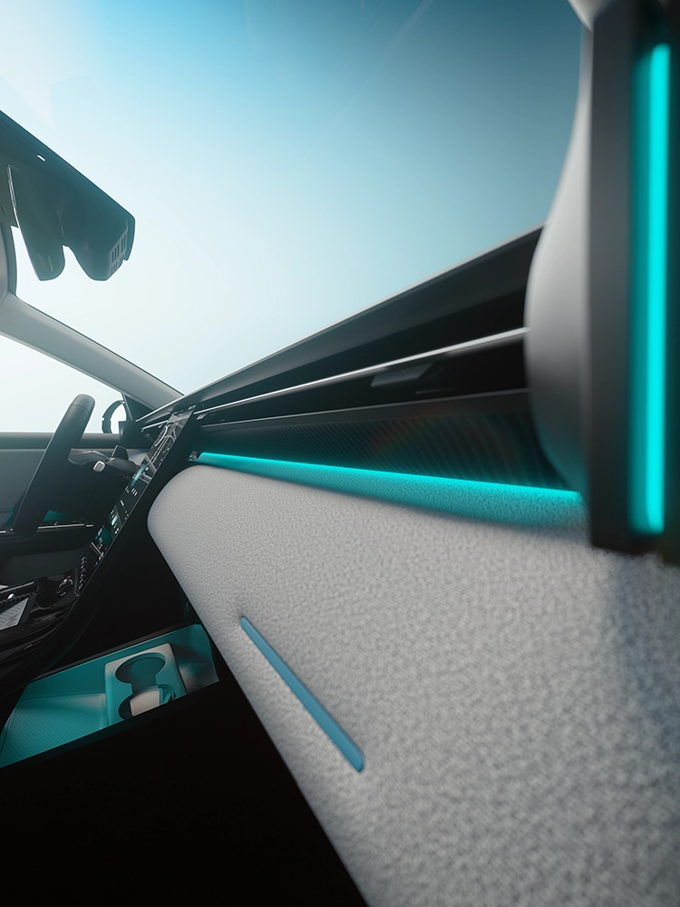 Dashboarddetail van de Citroën C5 Aircross Emeraude met sfeerverlichting, Emeraude-details en verfijnde afwerking